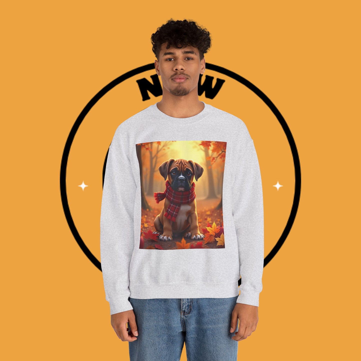 Cute Boxer Puppy Autumn Crewneck Sweatshirt | Fall Dog Lover Gift | Cozy Plaid Scarf Design