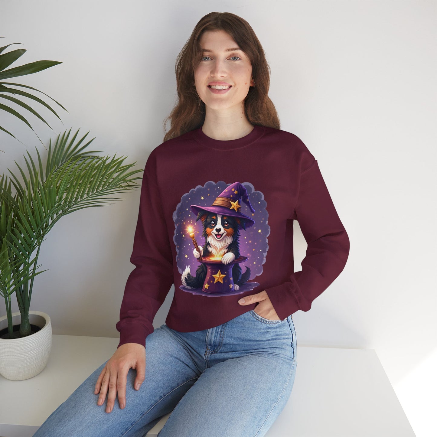 Magical Wizard Dog Crewneck Sweatshirt - Adorable Puppy Magician with Hat & Wand | Fantasy Pet Lover Gift Tee