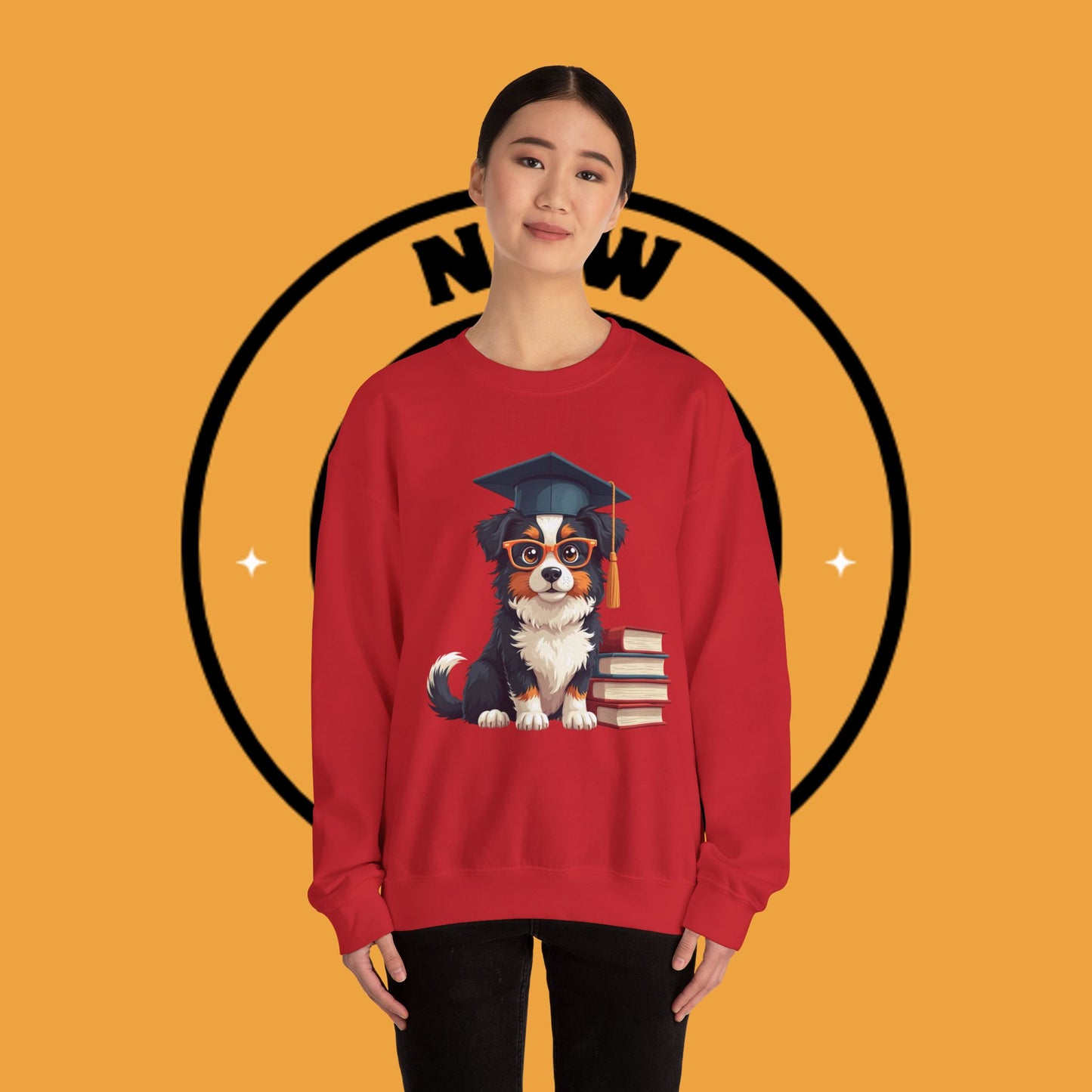 Graduation Dog Crewneck Sweatshirt - Smart Puppy Graduate Cap Books | Academic Achievement Gift