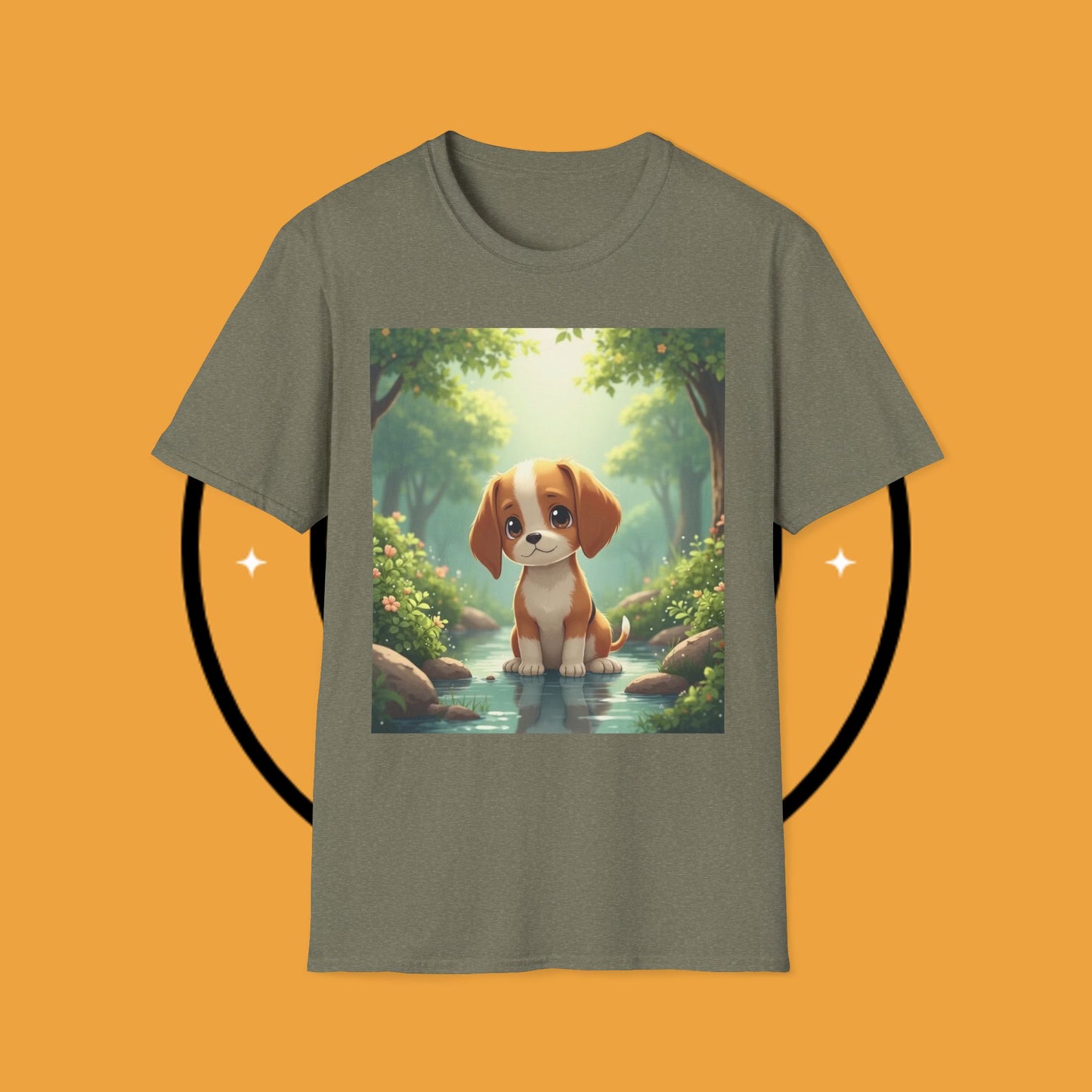 Magical Forest Beagle Puppy T-Shirt - Enchanted Nature Scene with Adorable Dog Design