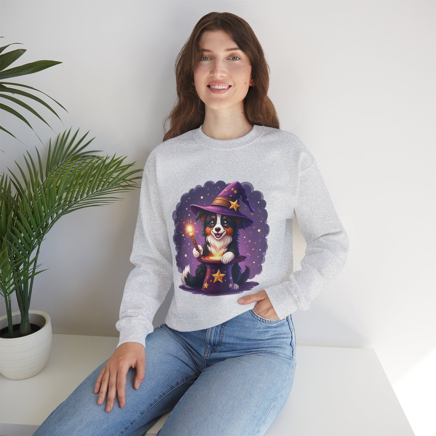 Magical Wizard Dog Crewneck Sweatshirt - Adorable Puppy Magician with Hat & Wand | Fantasy Pet Lover Gift Tee