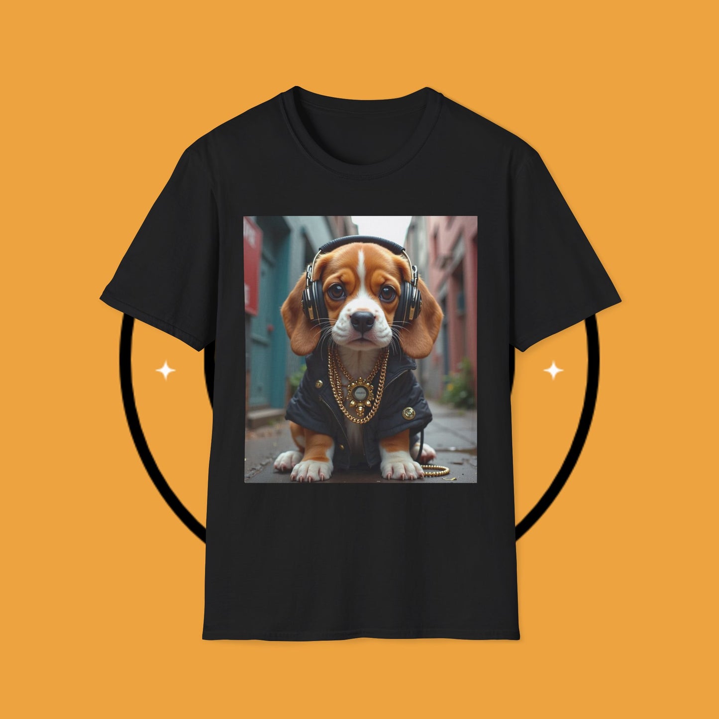 Hip Hop Beagle Dog T-Shirt - Cool Puppy with Headphones & Gold Chains Graphic Tee