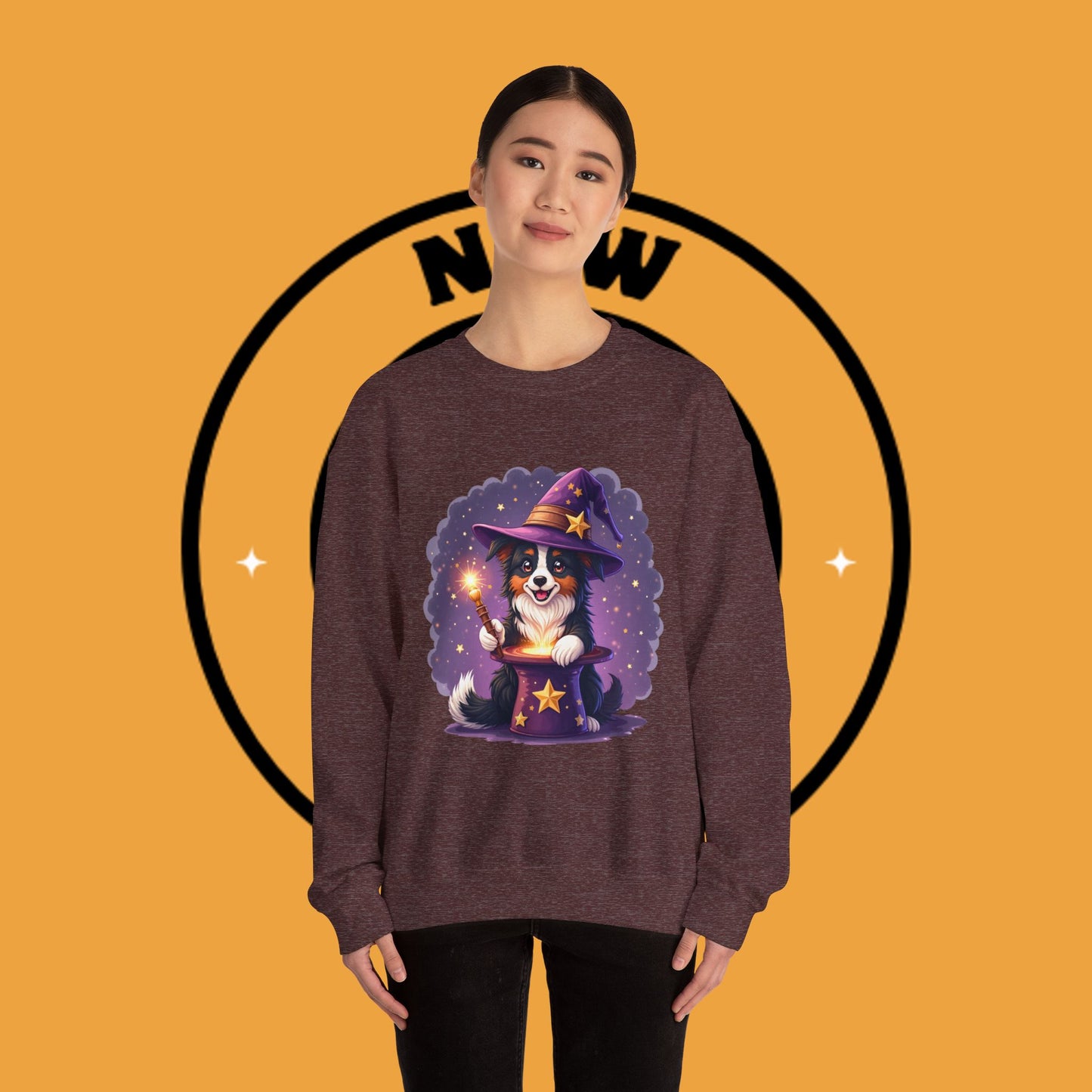 Magical Wizard Dog Crewneck Sweatshirt - Adorable Puppy Magician with Hat & Wand | Fantasy Pet Lover Gift Tee