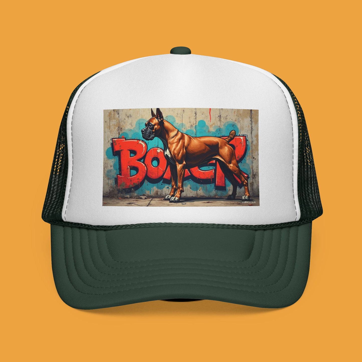 "Graffiti Boxer Dog Trucker Cap - Urban Street Art Design | Hip Hop Style Snapback Hat | Street Culture Baseball Cap"