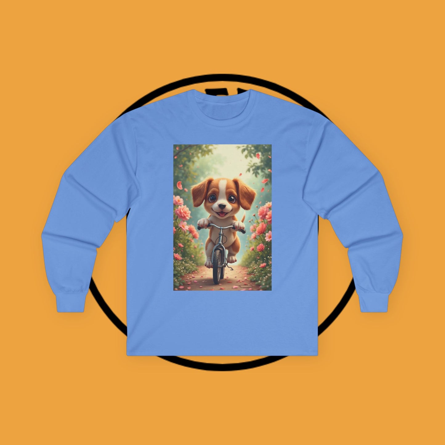 Happy Puppy Riding Bike Spring Flowers Long Sleeve Tee Gift