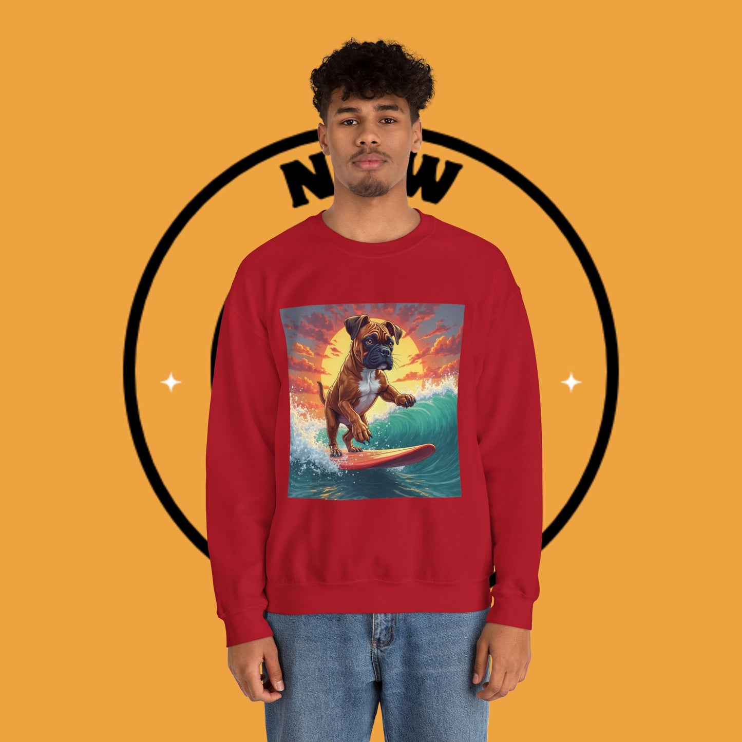 Surfing Boxer Dog Crewneck Sweatshirt | Funny Beach Surfer Gift | Epic Wave Riding Pup Design