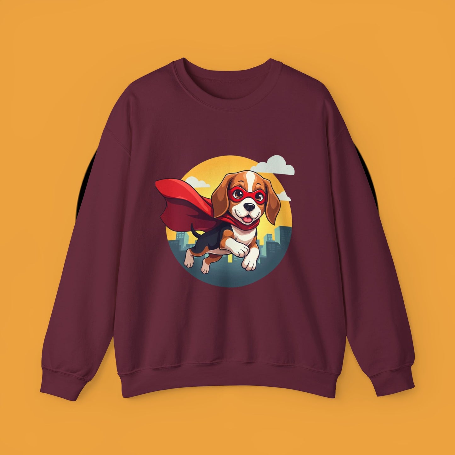 Superhero Dog Crewneck Sweatshirt - Flying Beagle Design with Red Cape and Mask