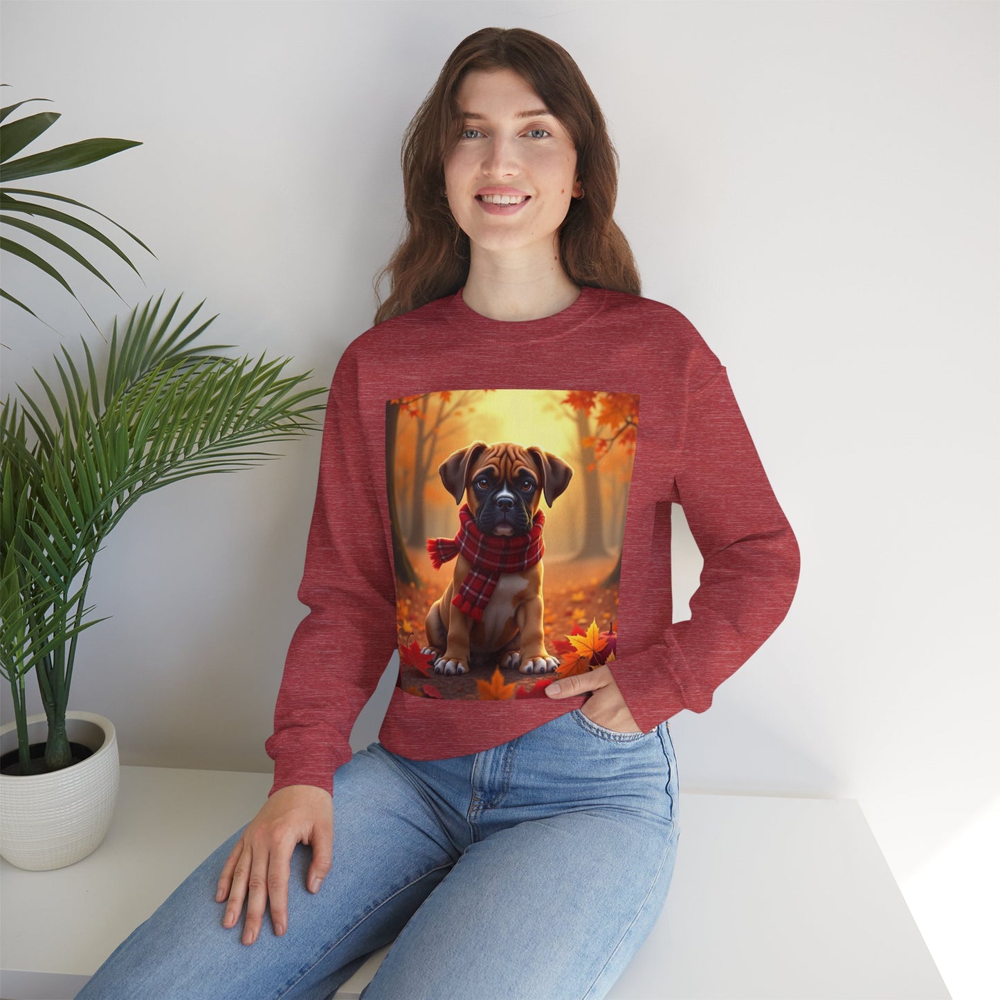 Cute Boxer Puppy Autumn Crewneck Sweatshirt | Fall Dog Lover Gift | Cozy Plaid Scarf Design