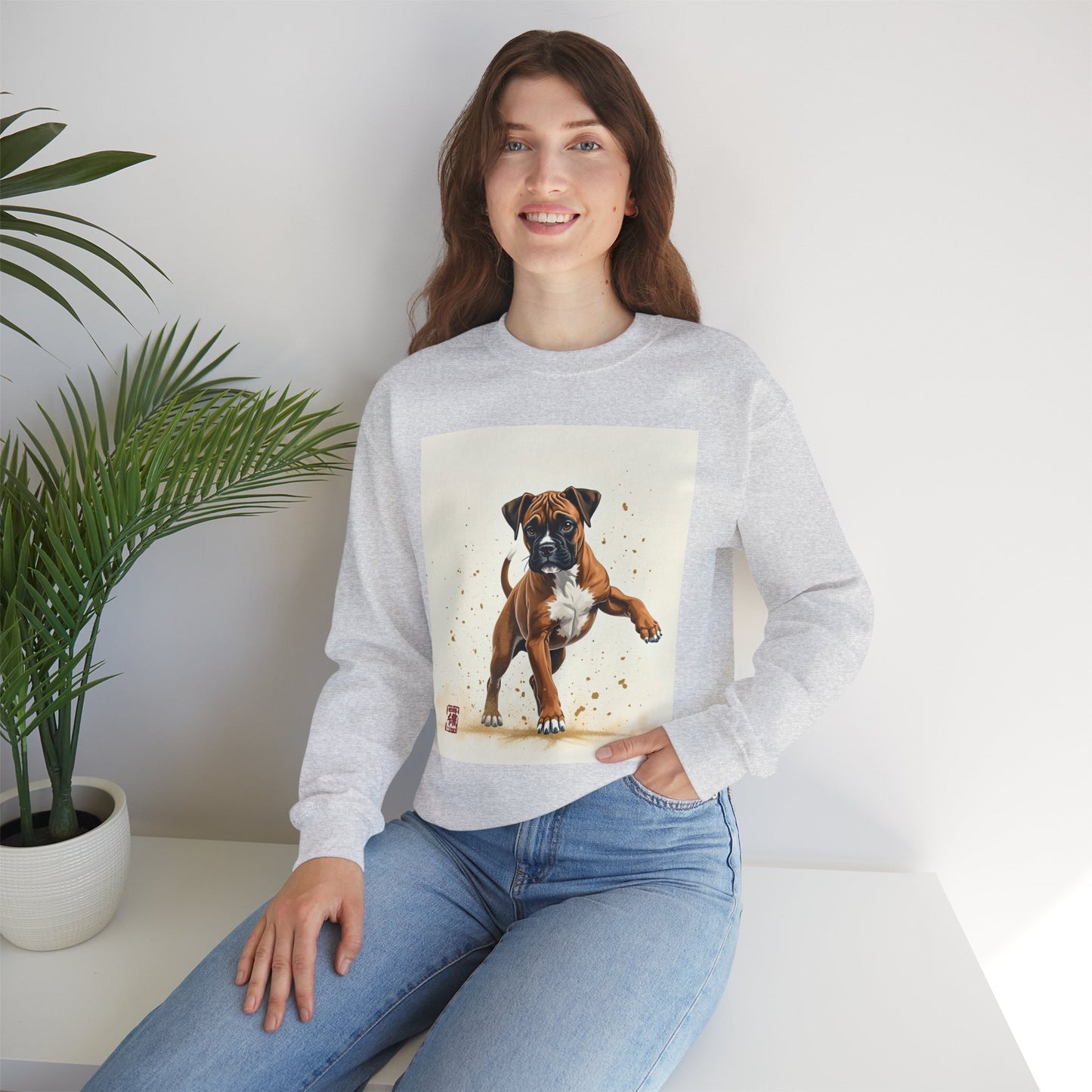 Running Boxer Puppy Crewneck Sweatshirt | Artistic Dog Lover Gift | Dynamic Movement Design