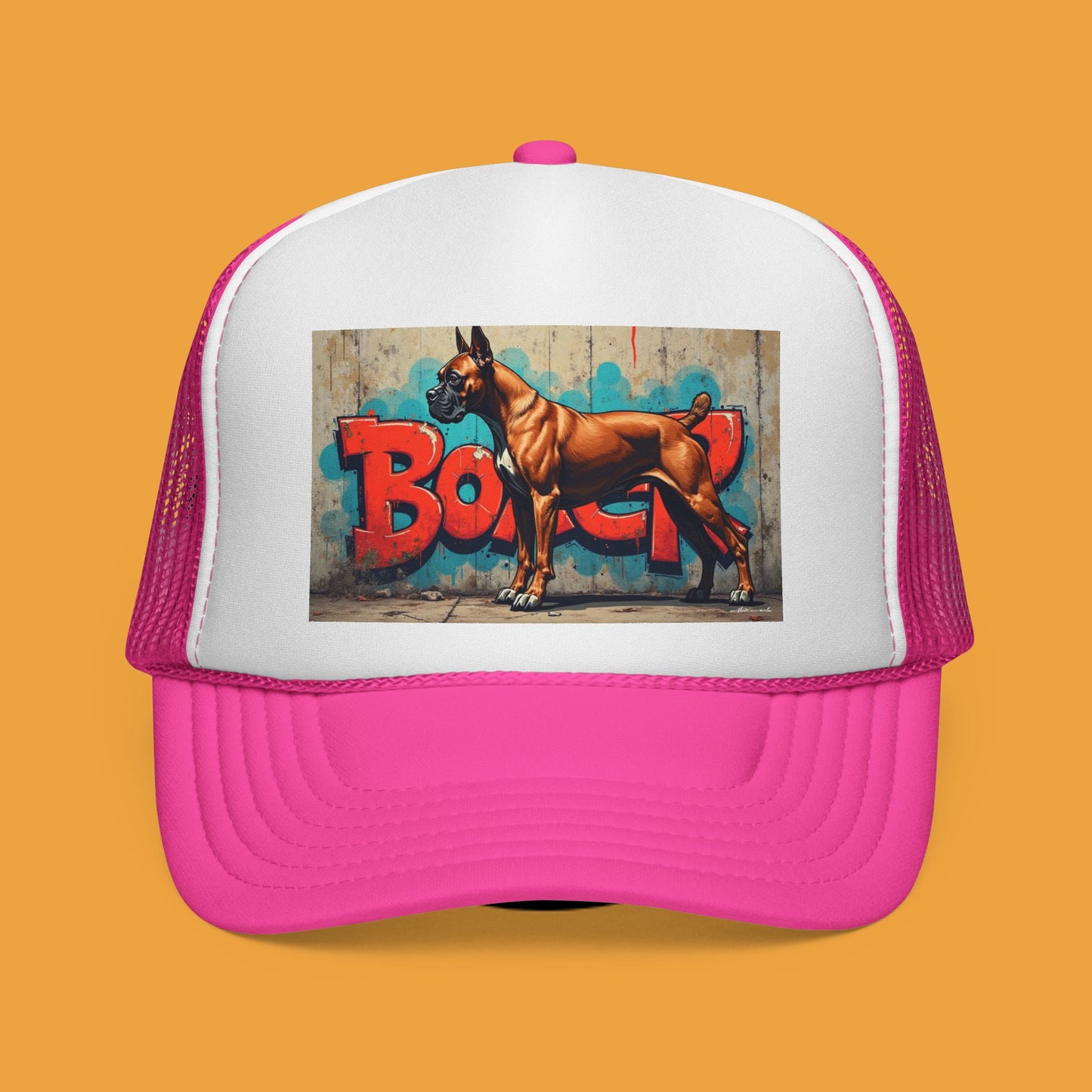 "Graffiti Boxer Dog Trucker Cap - Urban Street Art Design | Hip Hop Style Snapback Hat | Street Culture Baseball Cap"