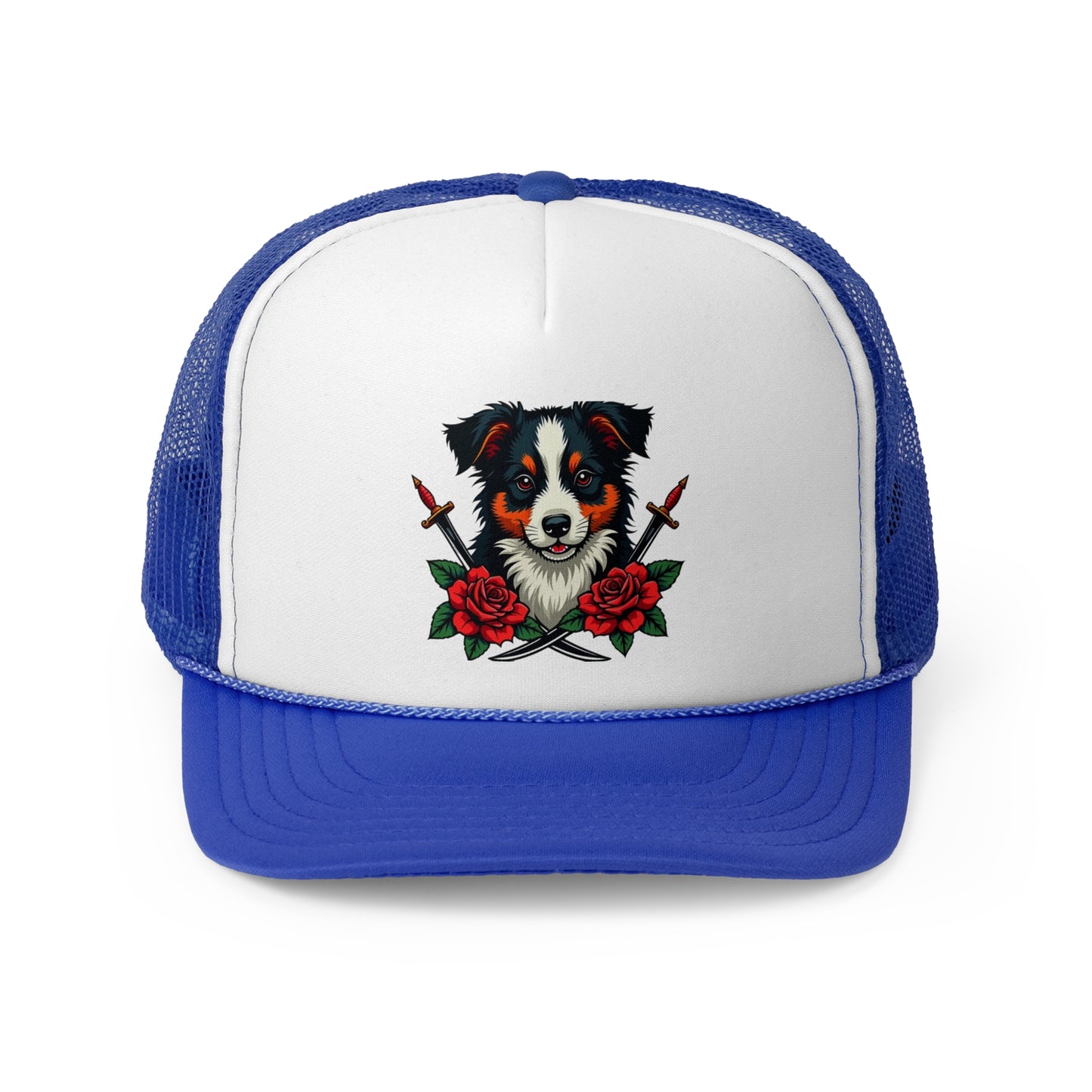 Fierce Border Collie Tattoo Style Trucker Hat - Vintage Dog Lover Cap with Roses & Daggers Design
