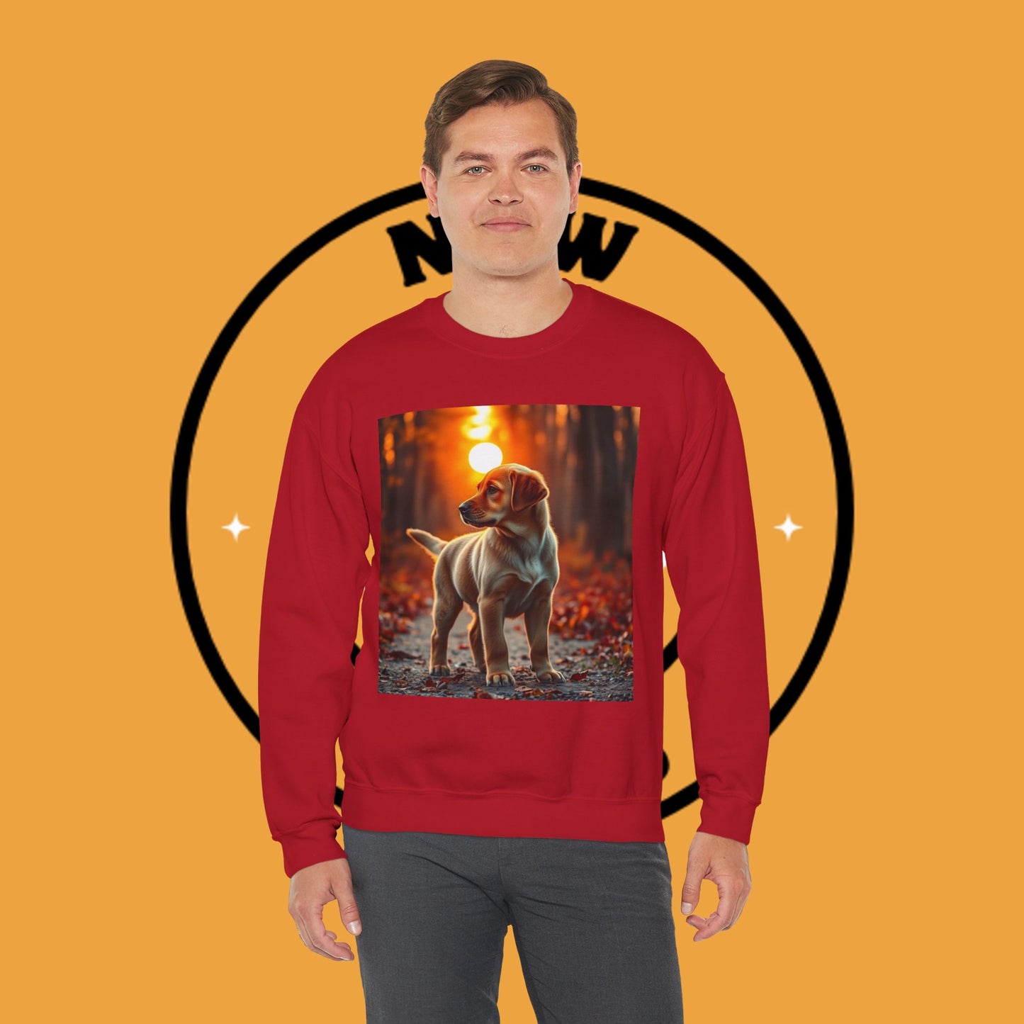 Crewneck Sweatshirt - Labrador Puppy in Autumn Forest with Golden Sunset Light Design