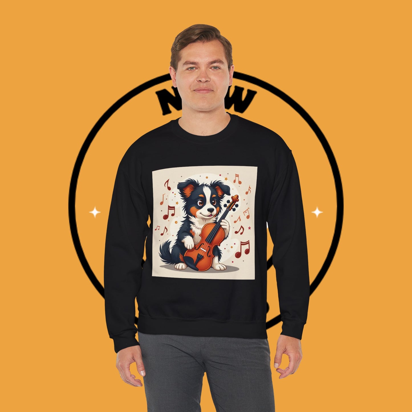 Music Dog Crewneck Sweatshirt - Cute Puppy Violinist with Musical Notes Design | Musician Gift