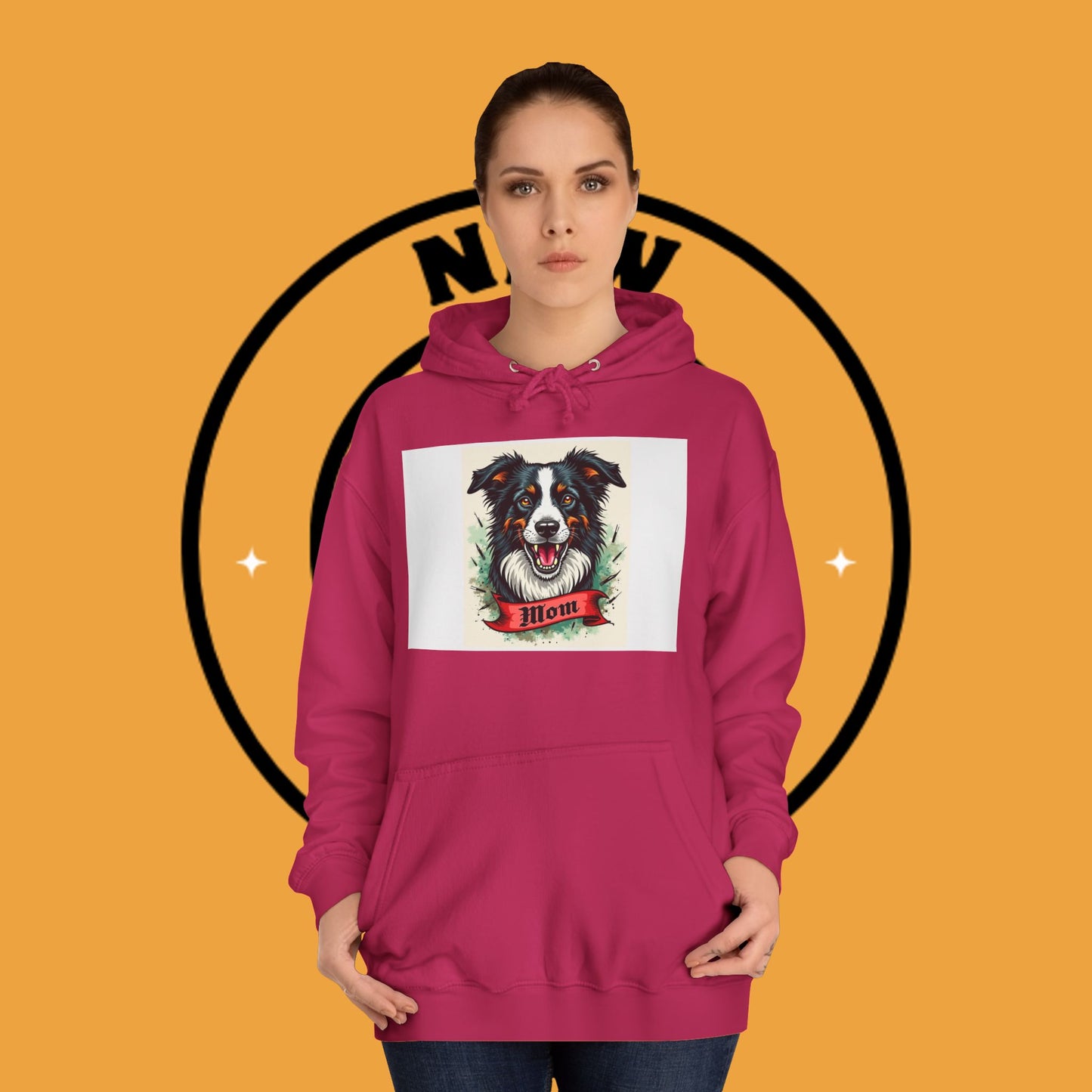 "Border Collie Mom Tattoo Style Hoodie - Vintage Dog Mother Banner Design Sweatshirt | Bold Statement Wear"