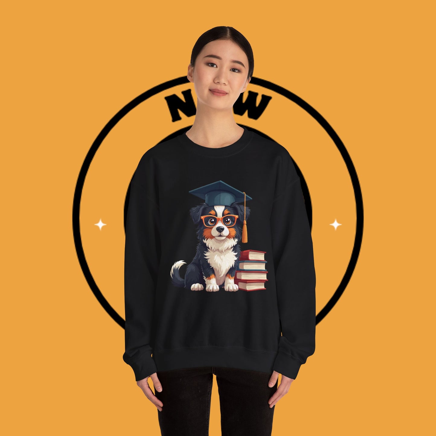 Graduation Dog Crewneck Sweatshirt - Smart Puppy Graduate Cap Books | Academic Achievement Gift