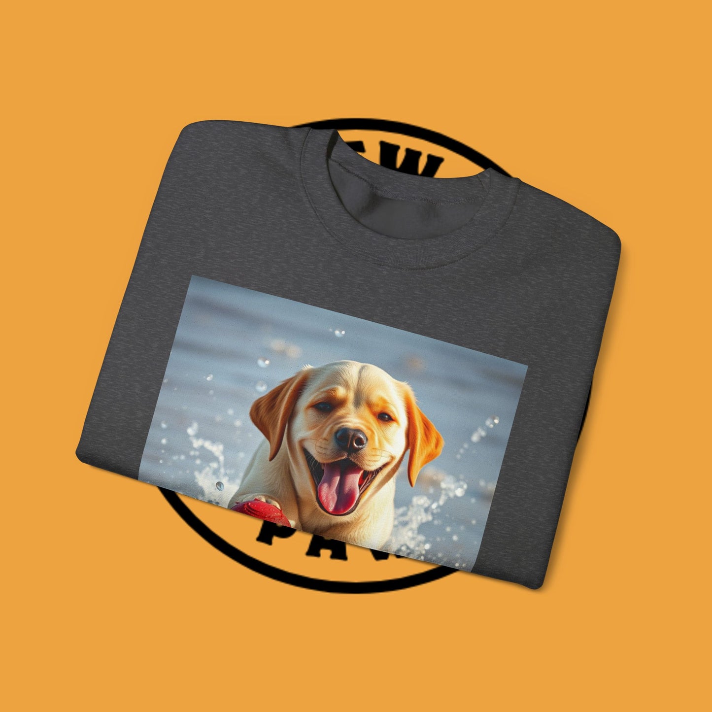 Unisex Dog Lover Crewneck Sweatshirt Labrador Puppy Playing with a Ball on the Beach - Photo of a Happy Dog Running in the Water