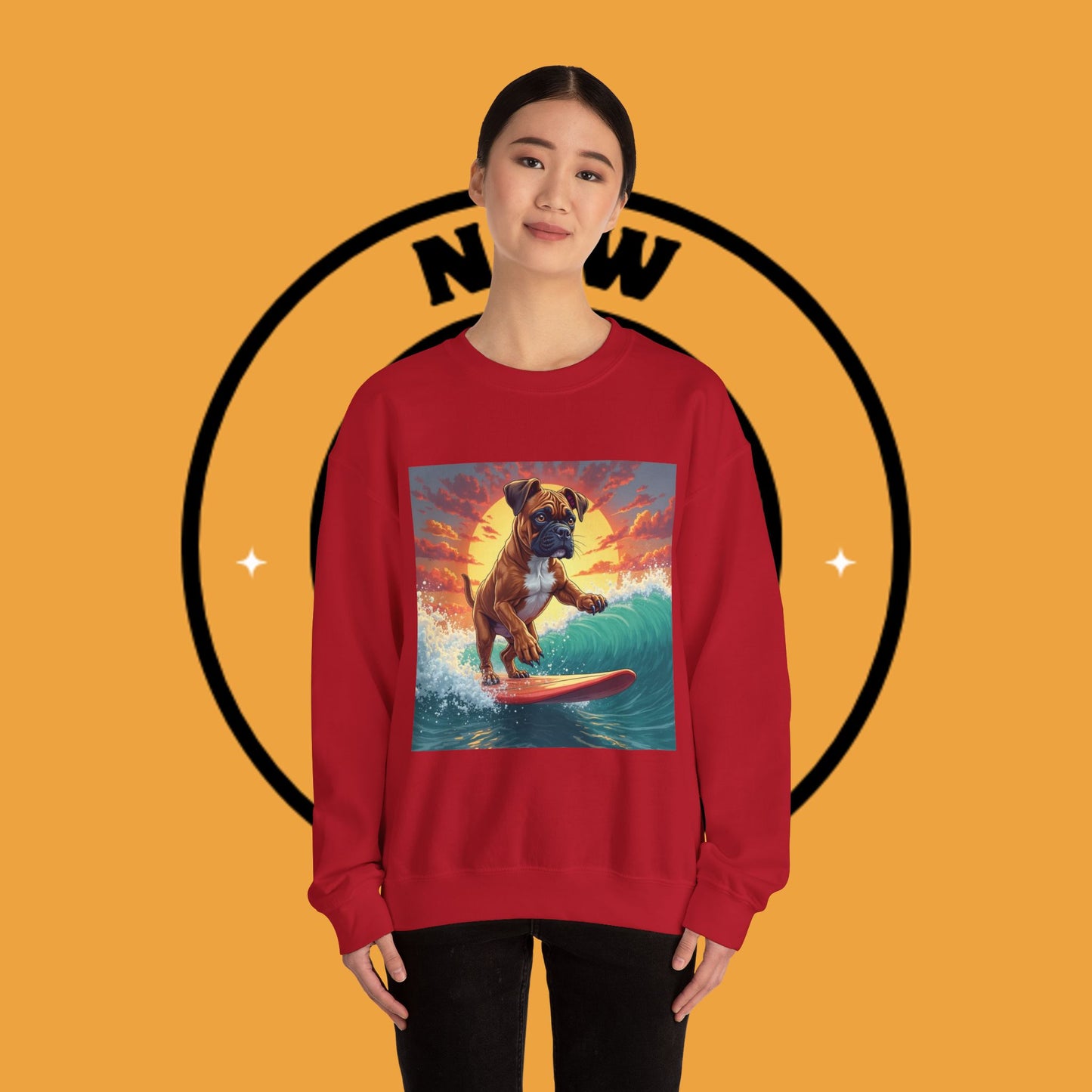 Surfing Boxer Dog Crewneck Sweatshirt | Funny Beach Surfer Gift | Epic Wave Riding Pup Design