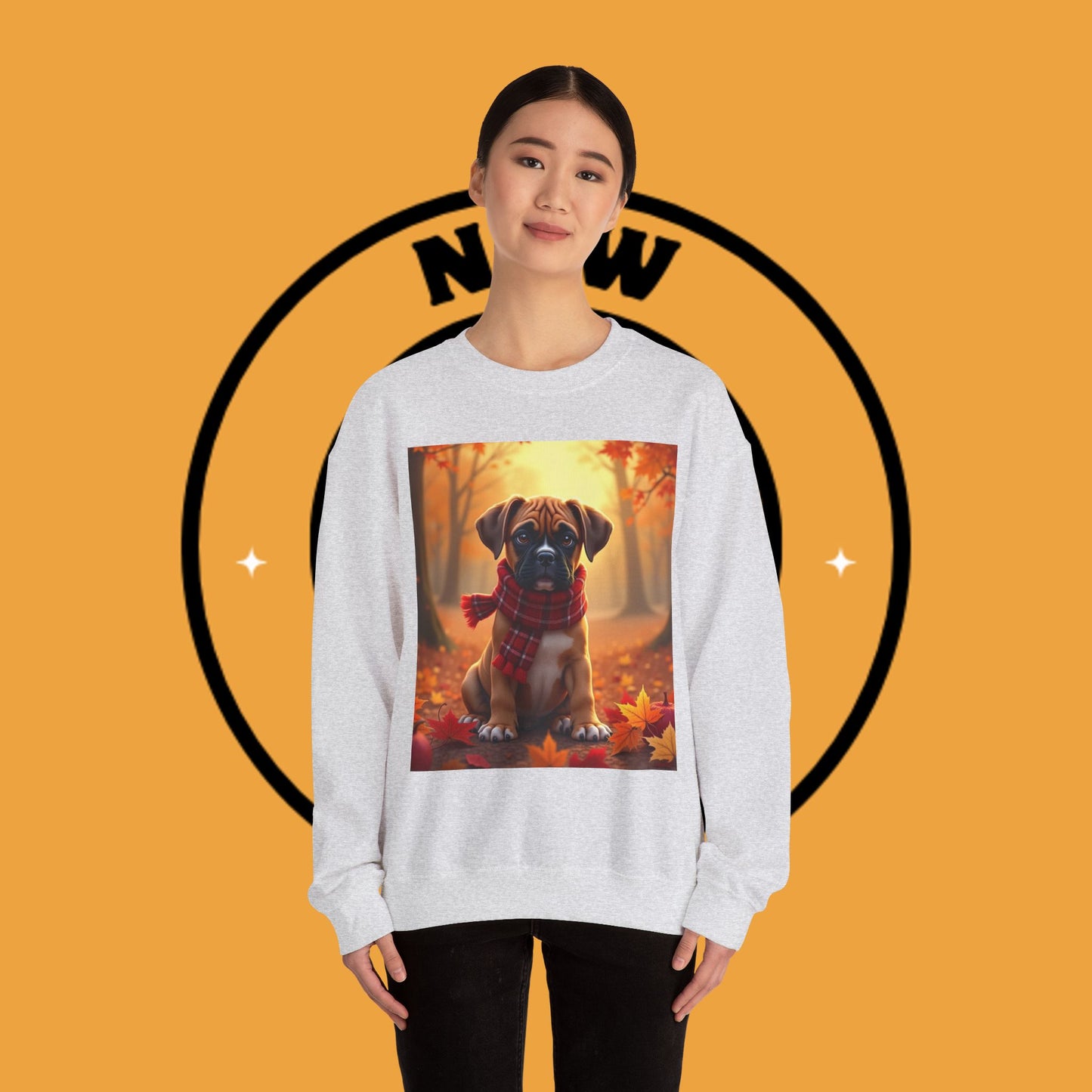 Cute Boxer Puppy Autumn Crewneck Sweatshirt | Fall Dog Lover Gift | Cozy Plaid Scarf Design