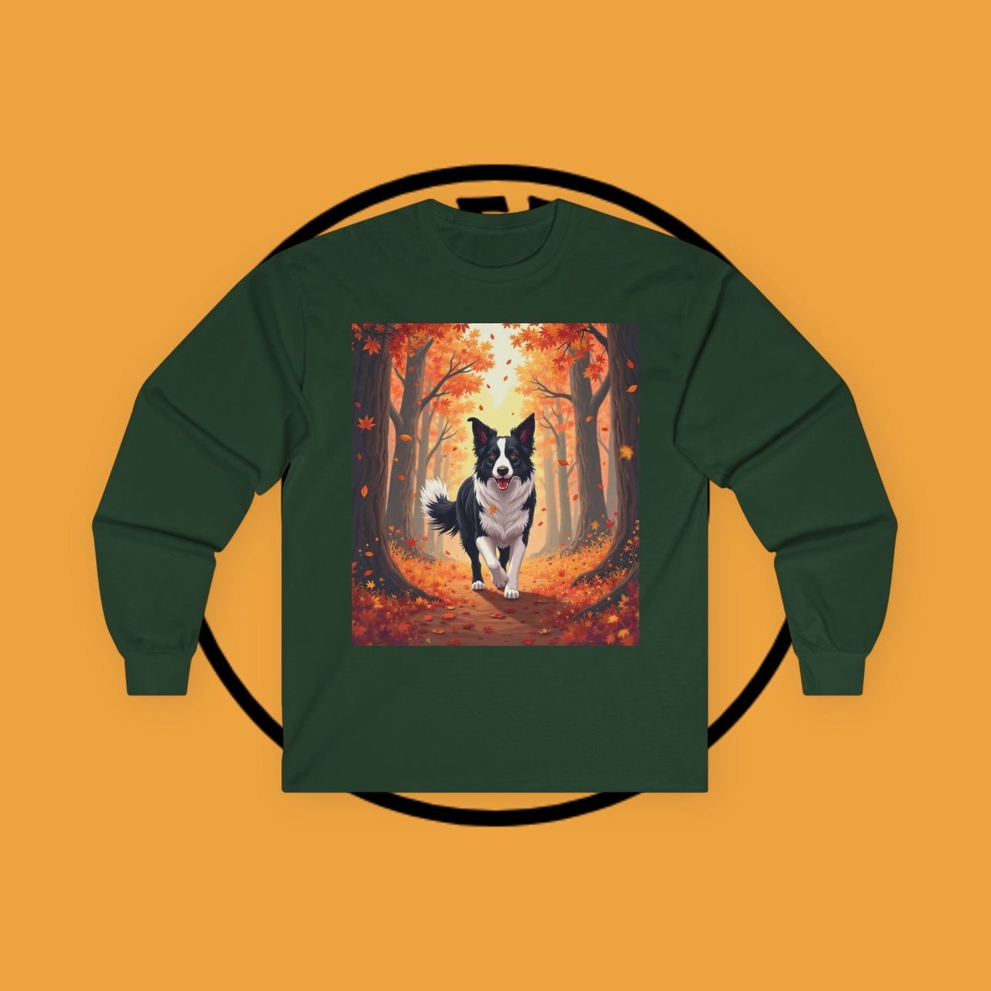 Autumn Border Collie Long Sleeve Tee - Fall Forest Dog Art Shirt | Seasonal Pet Apparel
