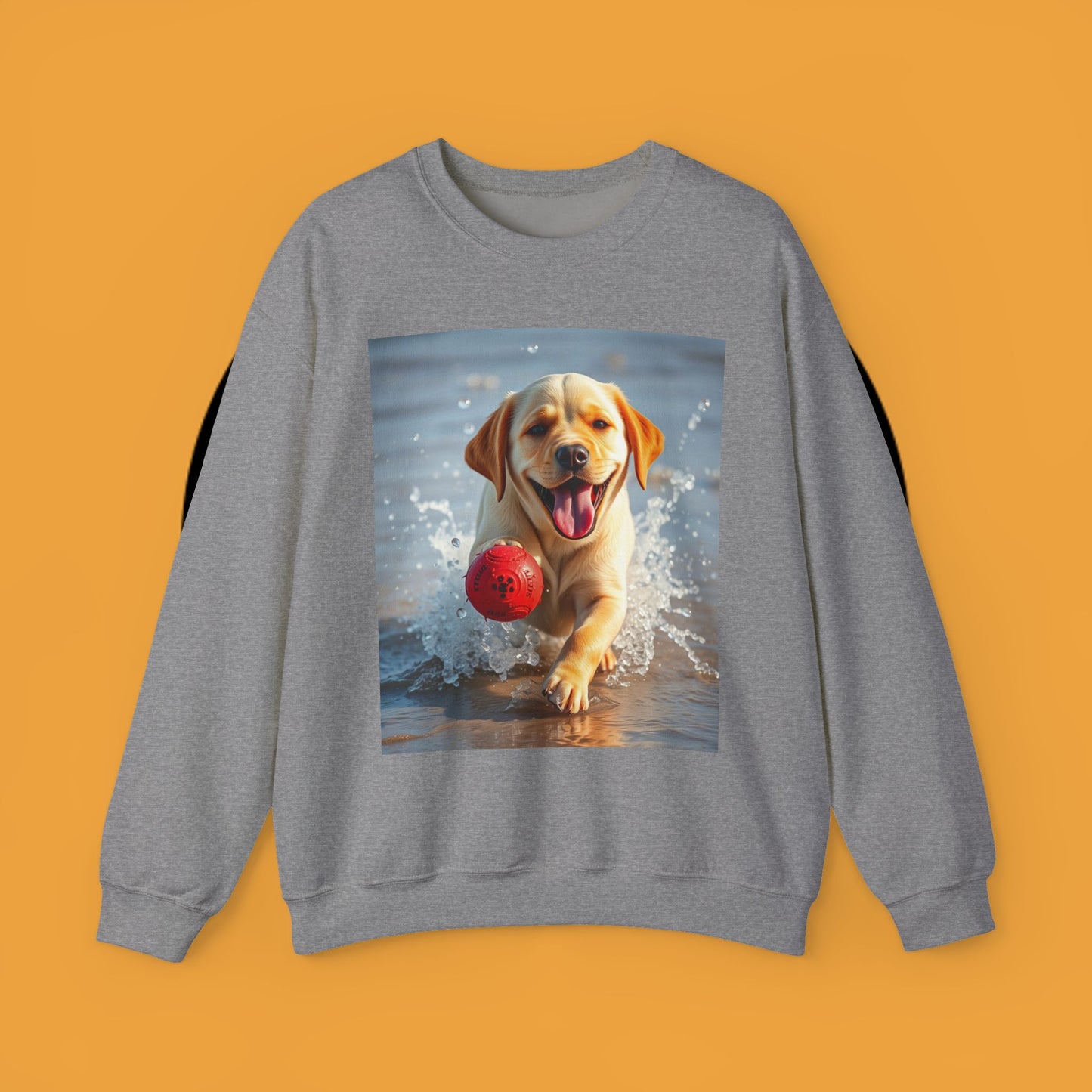 Unisex Dog Lover Crewneck Sweatshirt Labrador Puppy Playing with a Ball on the Beach - Photo of a Happy Dog Running in the Water