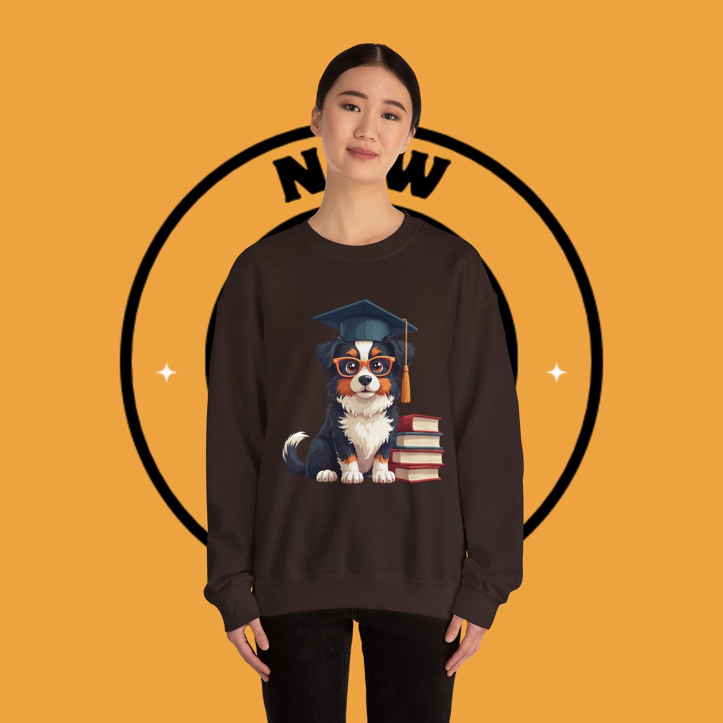 Graduation Dog Crewneck Sweatshirt - Smart Puppy Graduate Cap Books | Academic Achievement Gift