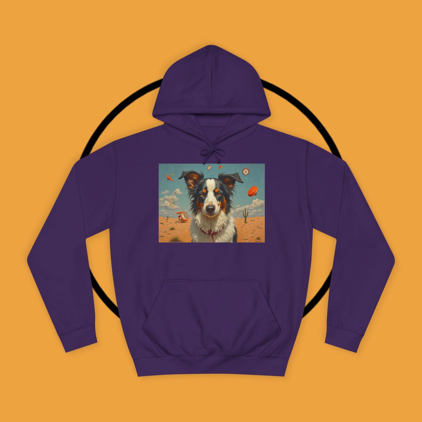 "Surreal Border Collie Time Desert Hoodie - Flying Clocks Artistic Dog Sweatshirt | Dreamlike Fantasy Design"