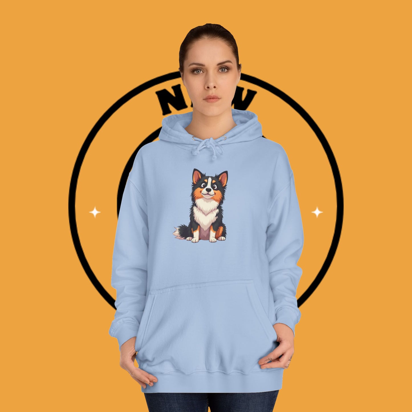 "Cute Tricolor Puppy Hoodie - Adorable Cartoon Dog Design | Kawaii Animal Streetwear for Dog Lovers"
