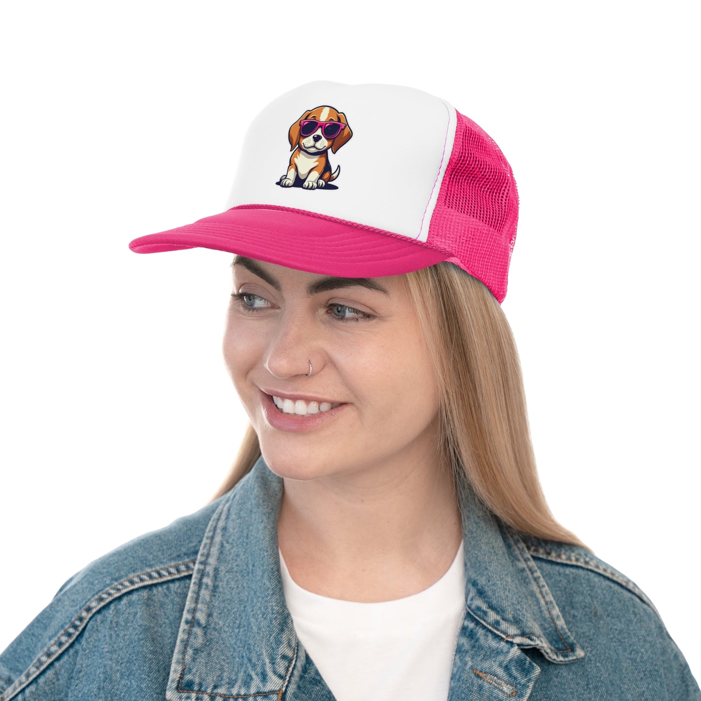 Cool Beagle Dog with Pink Sunglasses Trucker Hat | Adjustable Mesh Back Baseball Hat - Adorable Dog Lover Unisex Cap