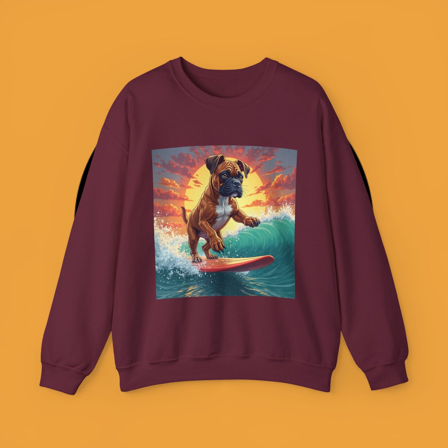 Surfing Boxer Dog Crewneck Sweatshirt | Funny Beach Surfer Gift | Epic Wave Riding Pup Design
