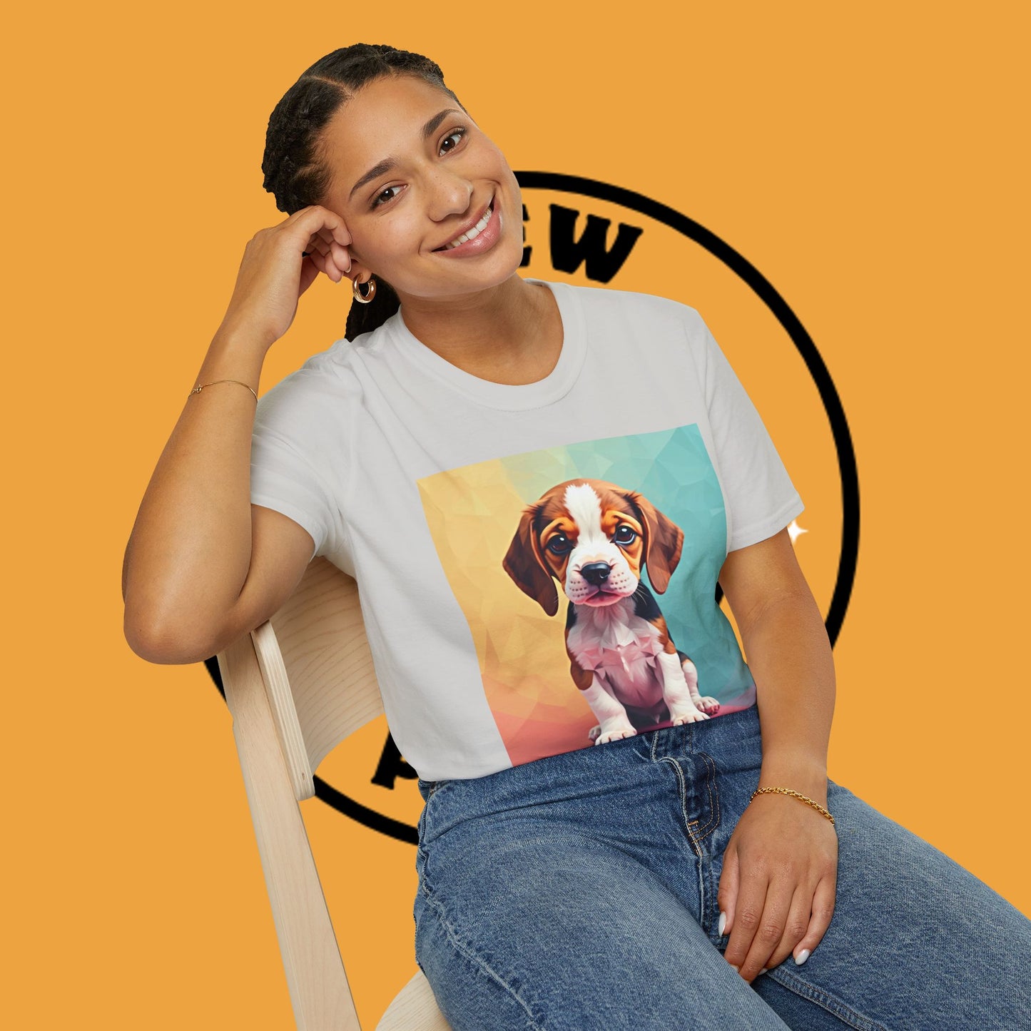 Modern Art Beagle Puppy T-Shirt - Geometric Low Poly Dog Design with Rainbow Background