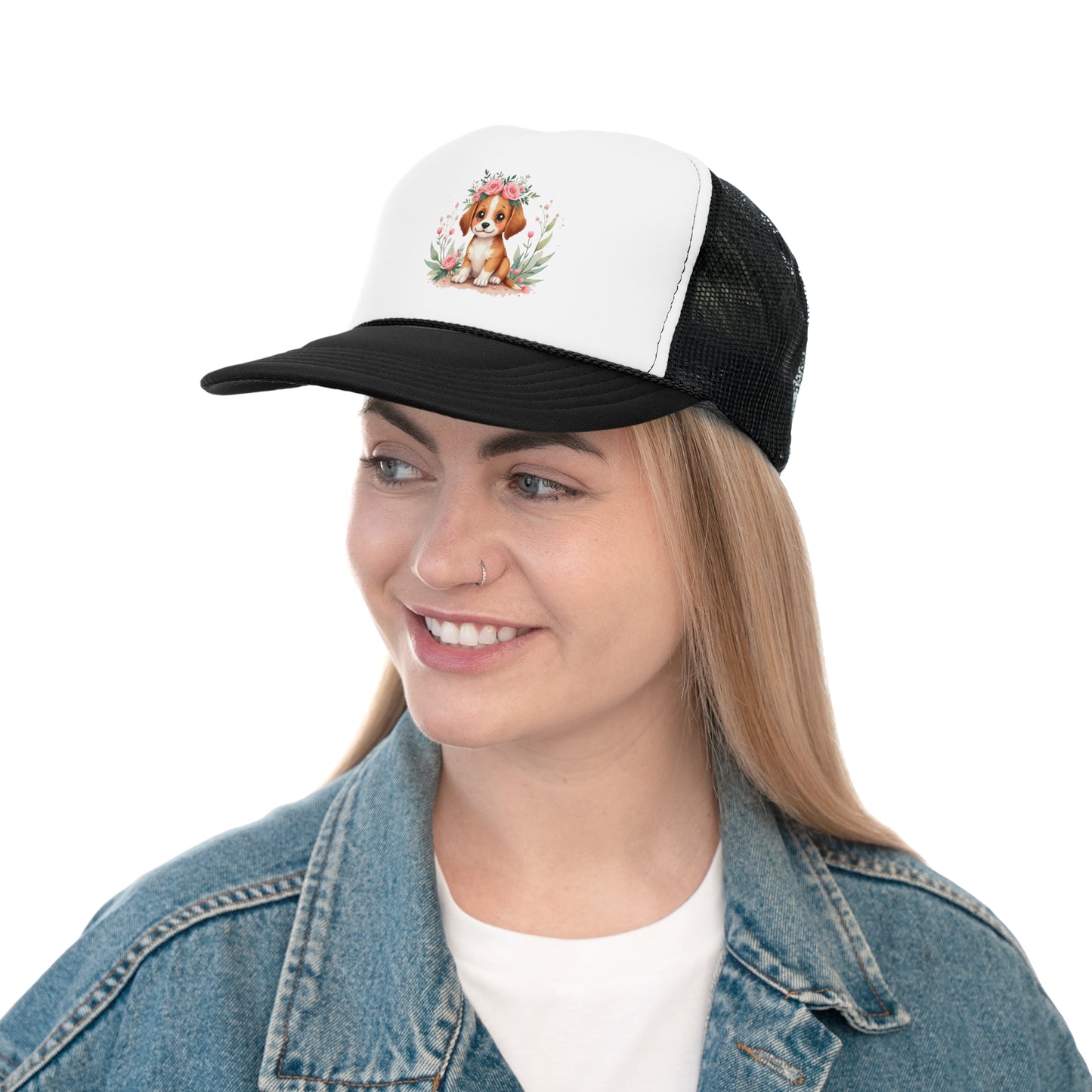 Cute Beagle Puppy with Pink Roses Floral Crown Trucker Hat - Adorable Dog Flower Crown Cap | Sweet Pet Lover Gift | Feminine Snapback