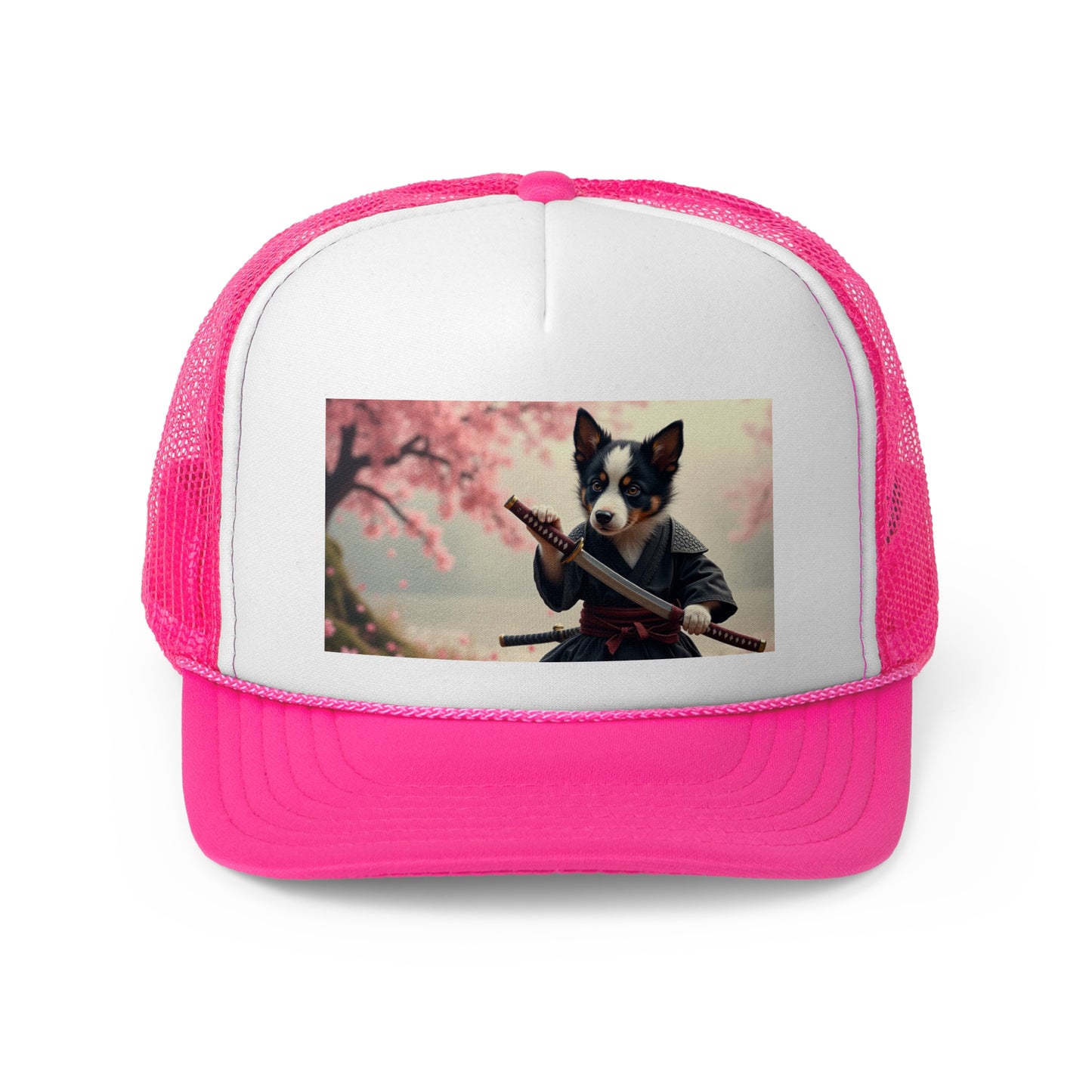 Samurai Puppy Trucker Hat - Japanese Warrior Dog Cap - Cherry Blossom Ninja Baseball Hat
