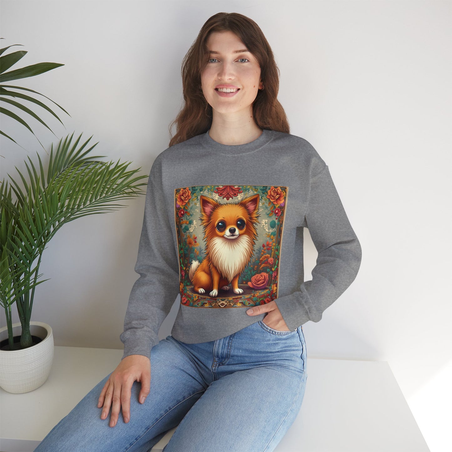 Victorian Chihuahua Garden Sweatshirt | Ornate Floral Dog Portrait | Botanical Pet Art Design