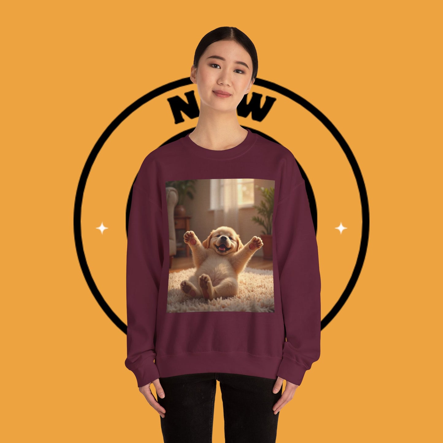 Unisex Dog Lover Crewneck Sweatshirt - Joyful Paws: Yellow Lab Puppy Stretching on Plush Carpet