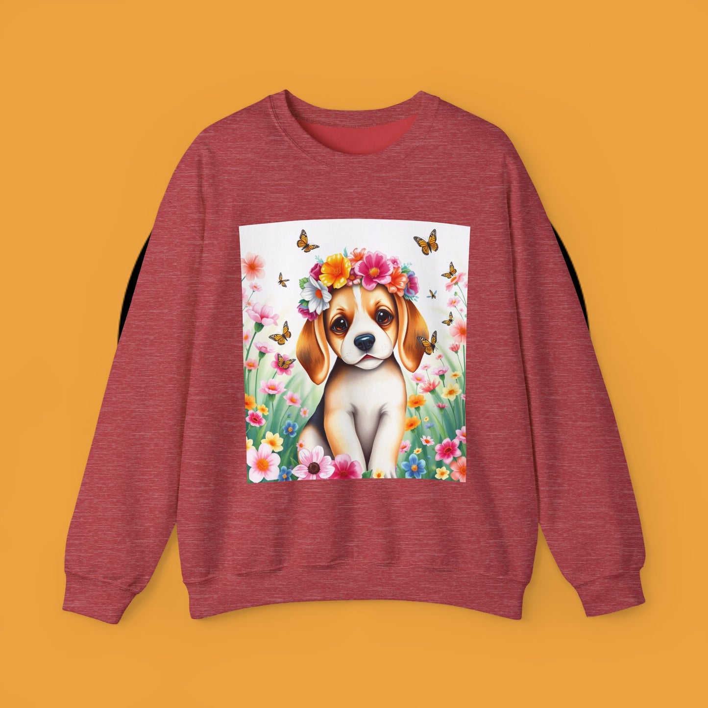 Flower Wreath Dog Crewneck Sweatshirt - Spring Beagle Design with Butterflies