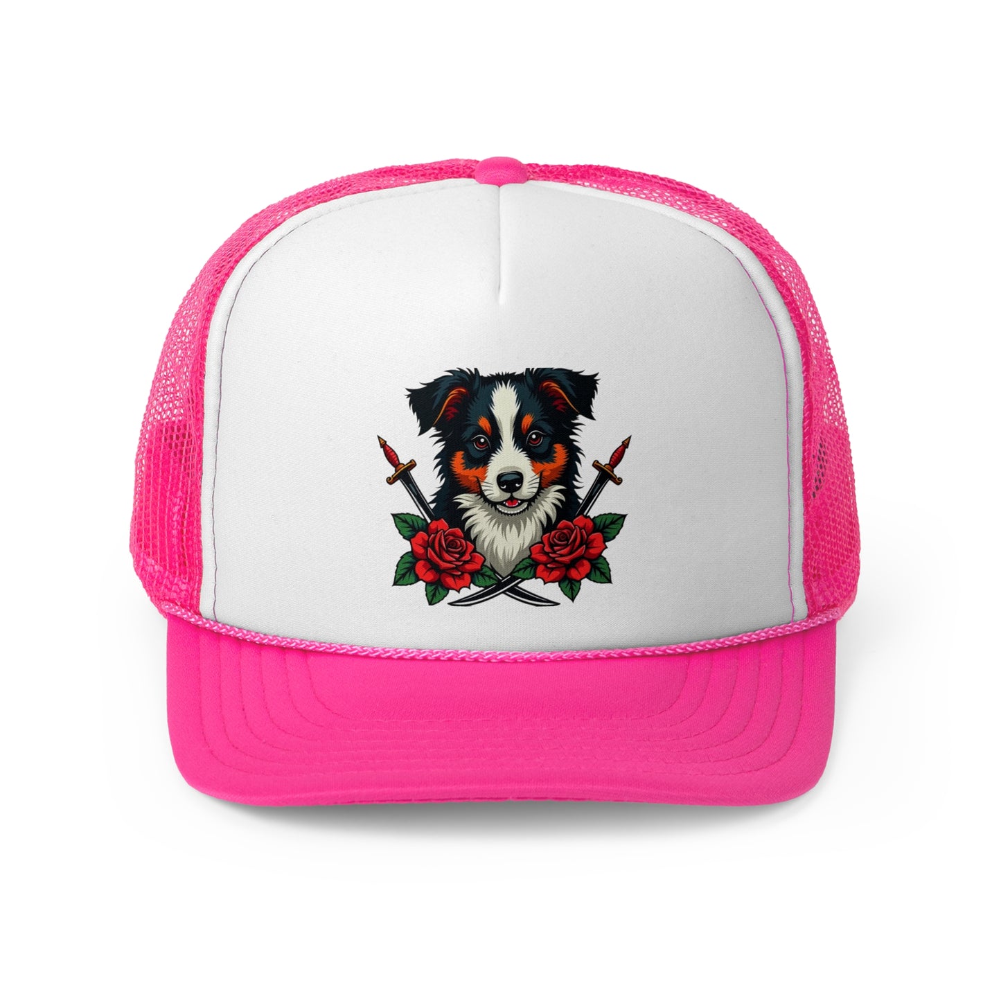 Fierce Border Collie Tattoo Style Trucker Hat - Vintage Dog Lover Cap with Roses & Daggers Design