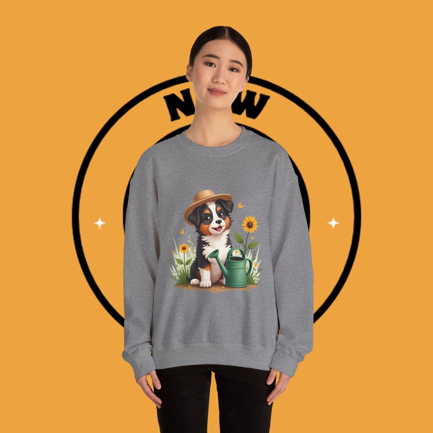Garden Dog Crewneck Sweatshirt - Cute Puppy Gardener with Sunflowers Design | Green Thumb Gift