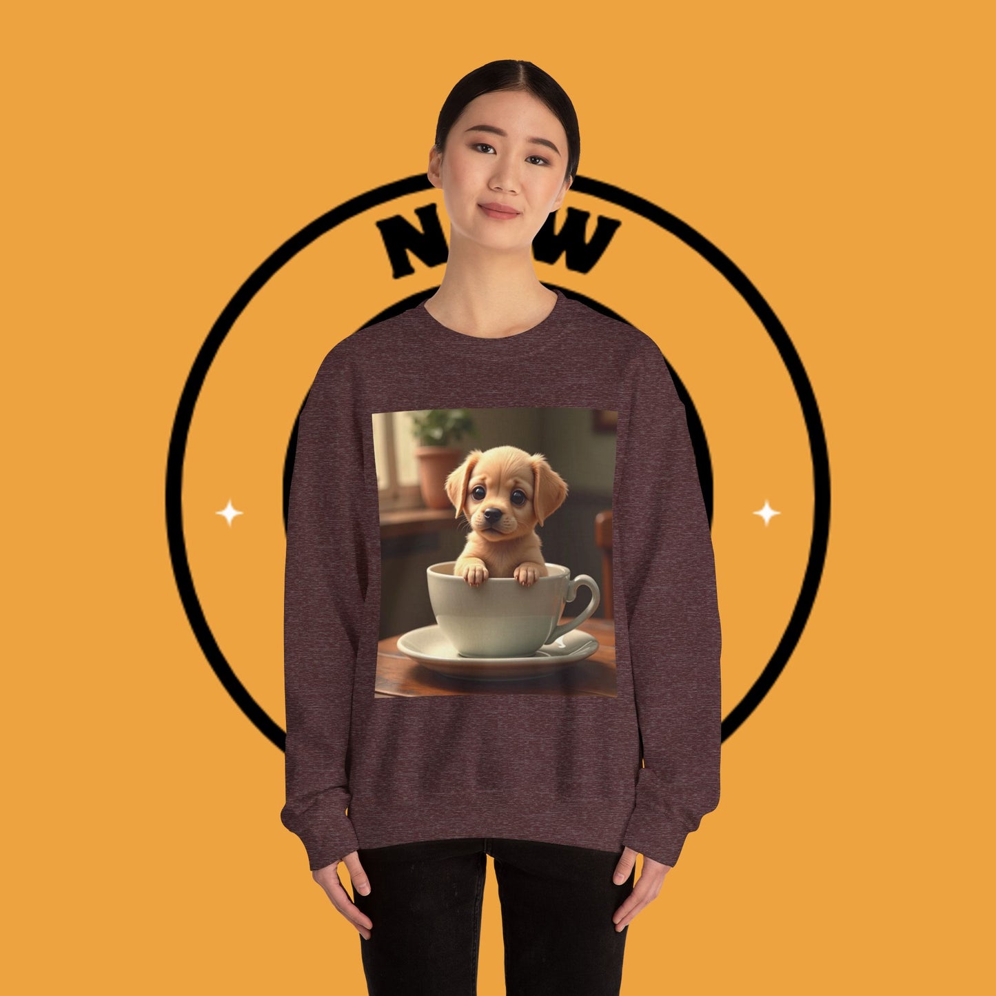 Unisex Dog Lover Crewneck Sweatshirt - Teacup Puppy: Adorable Yellow Lab in Coffee Cup