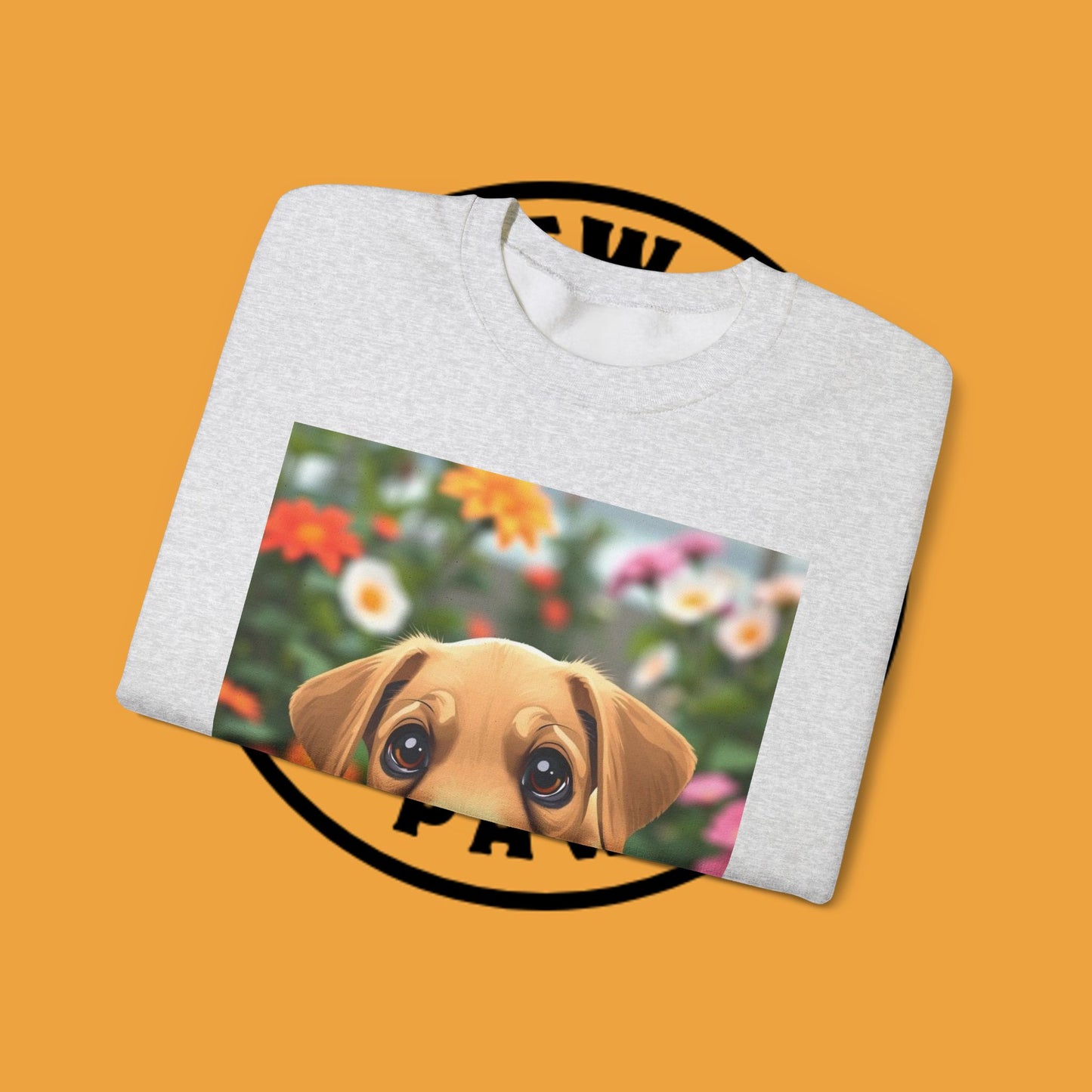 Unisex Dog Lover Crewneck Sweatshirt - Cute puppe with big eyes in floral garden