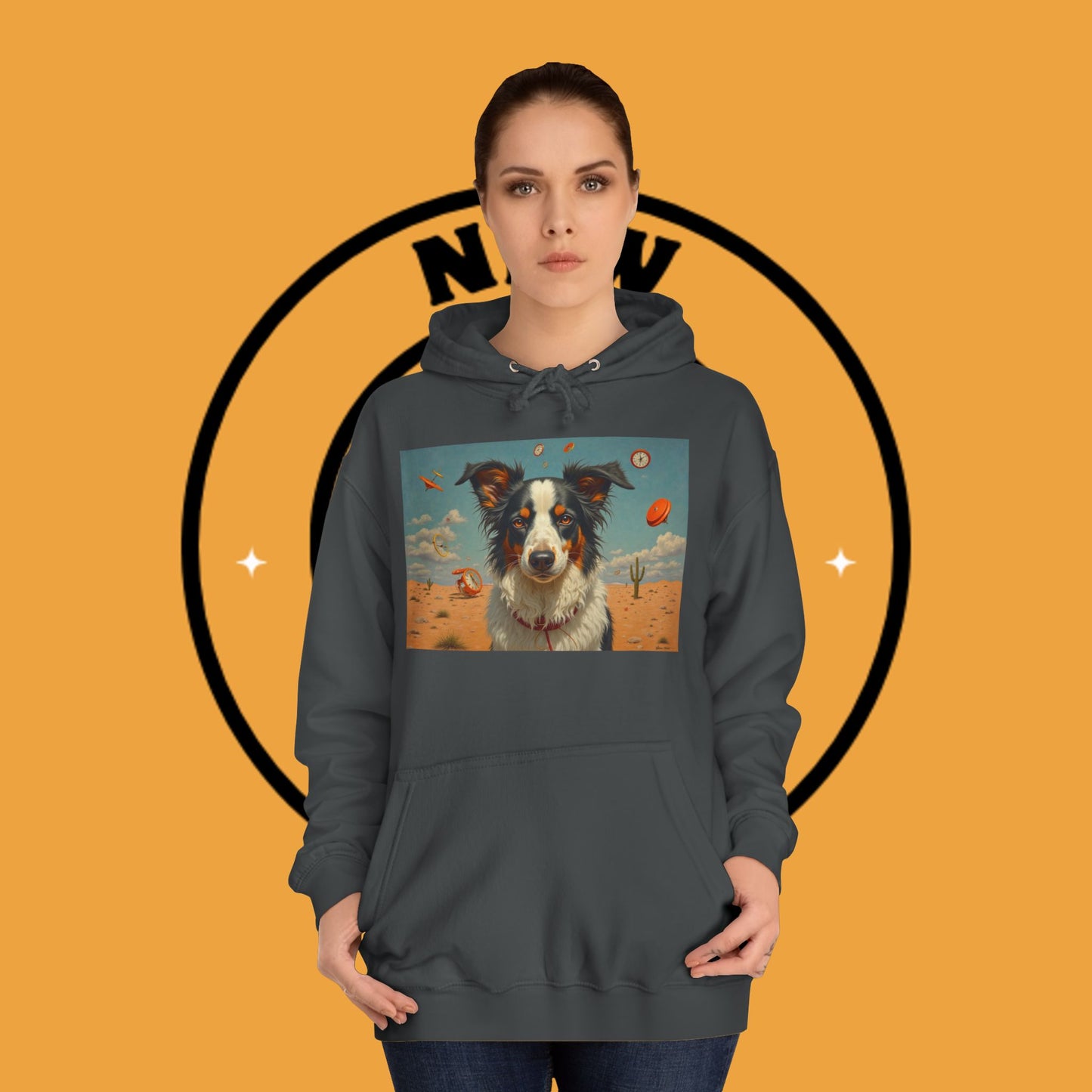 "Surreal Border Collie Time Desert Hoodie - Flying Clocks Artistic Dog Sweatshirt | Dreamlike Fantasy Design"