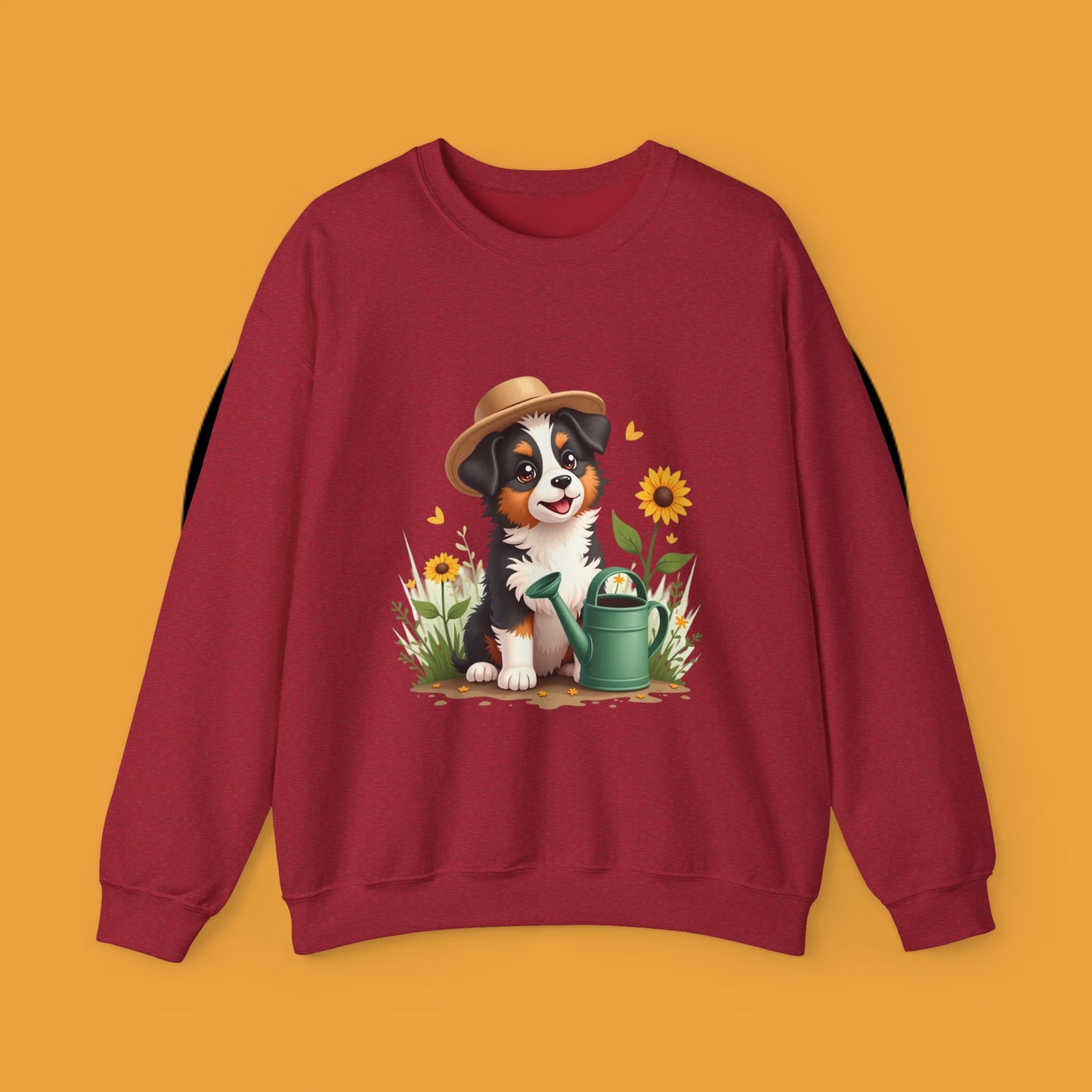 Garden Dog Crewneck Sweatshirt - Cute Puppy Gardener with Sunflowers Design | Green Thumb Gift