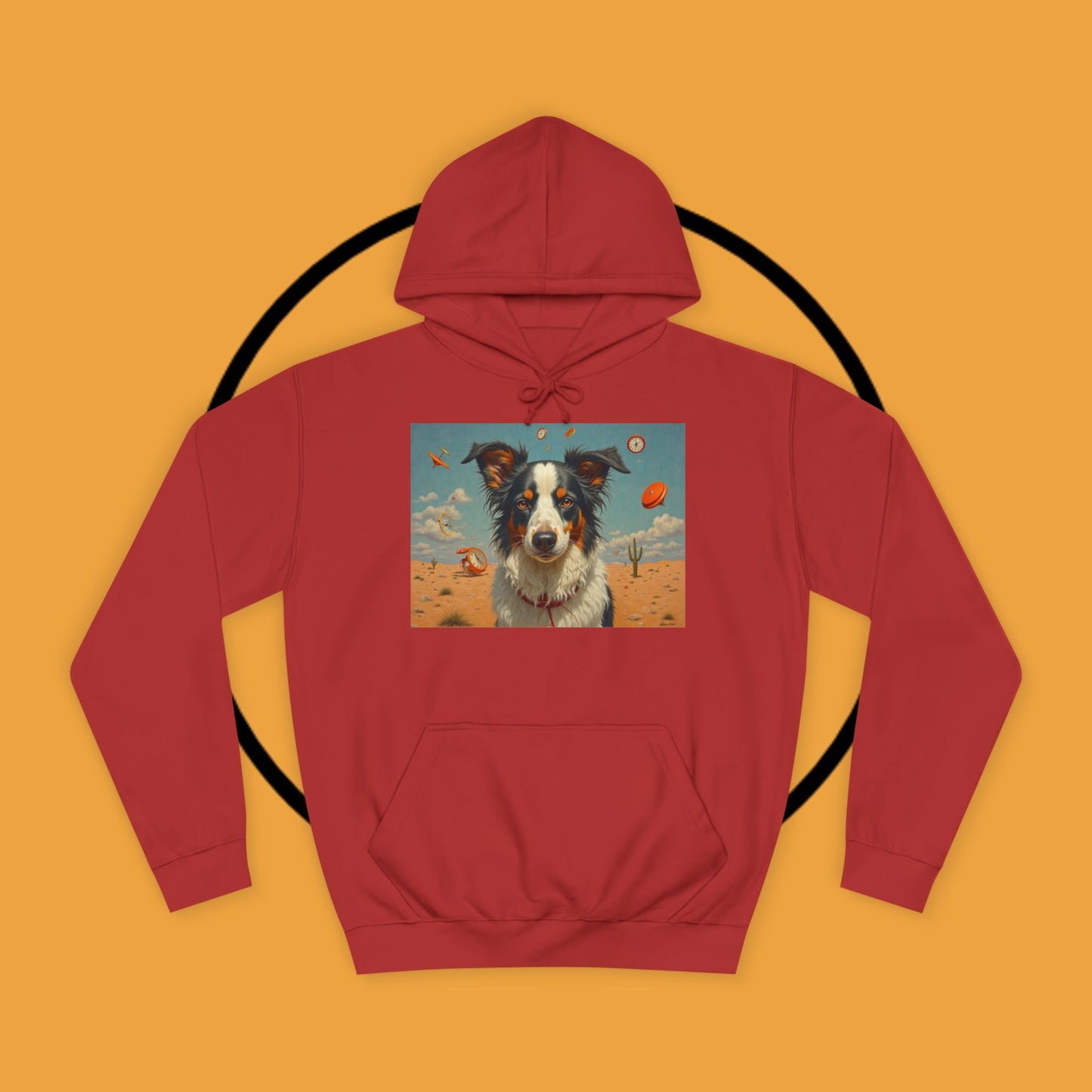 "Surreal Border Collie Time Desert Hoodie - Flying Clocks Artistic Dog Sweatshirt | Dreamlike Fantasy Design"