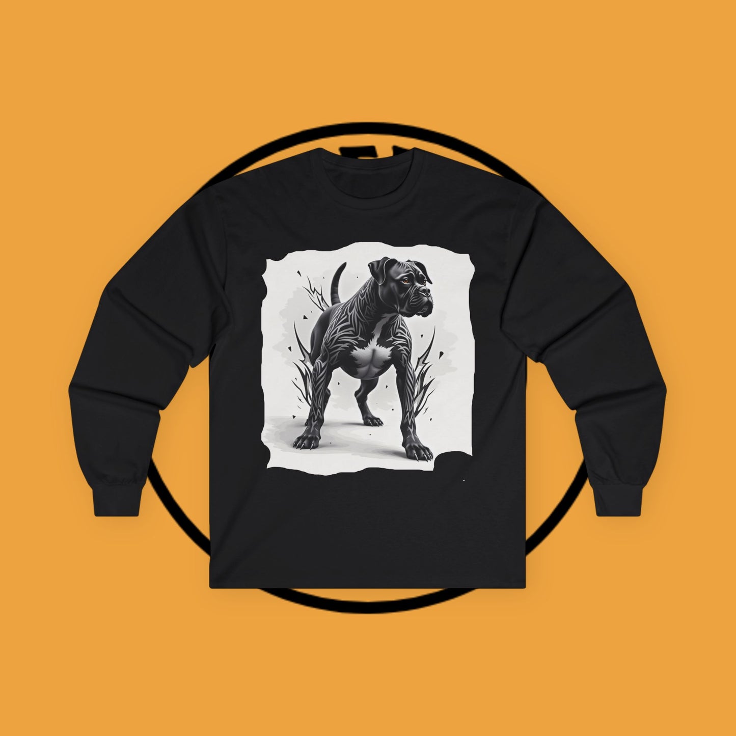 Tribal Tattoo Style Boxer Dog Long Sleeve T-Shirt - Bold Black & White Art Design