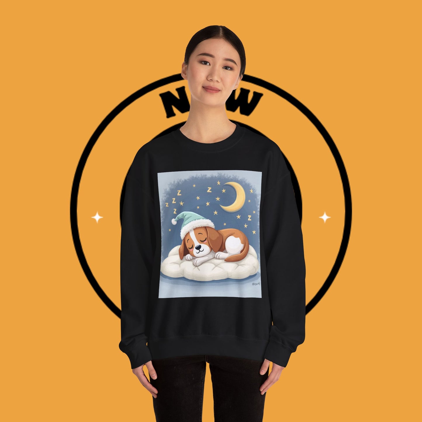 Sleeping Dog Crewneck Sweatshirt - Cute Beagle Design with Moon and Stars