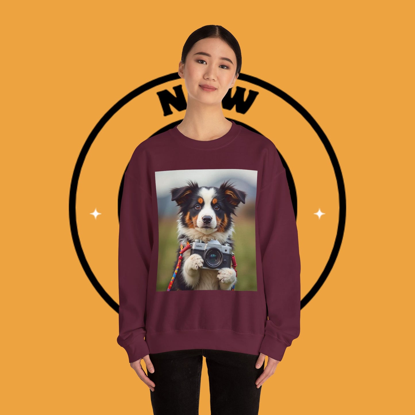 Photographer Dog Crewneck Sweatshirt - Cute Puppy with Vintage Camera Design | Photography Lover Gift