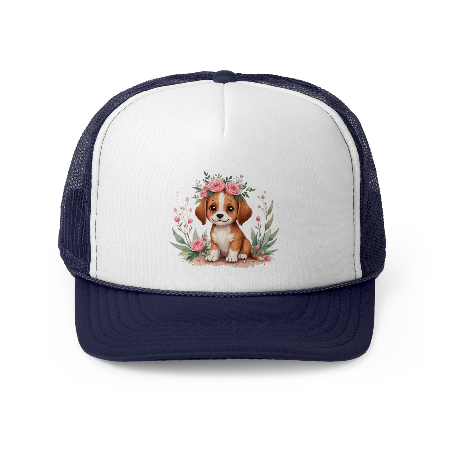 Cute Beagle Puppy with Pink Roses Floral Crown Trucker Hat - Adorable Dog Flower Crown Cap | Sweet Pet Lover Gift | Feminine Snapback