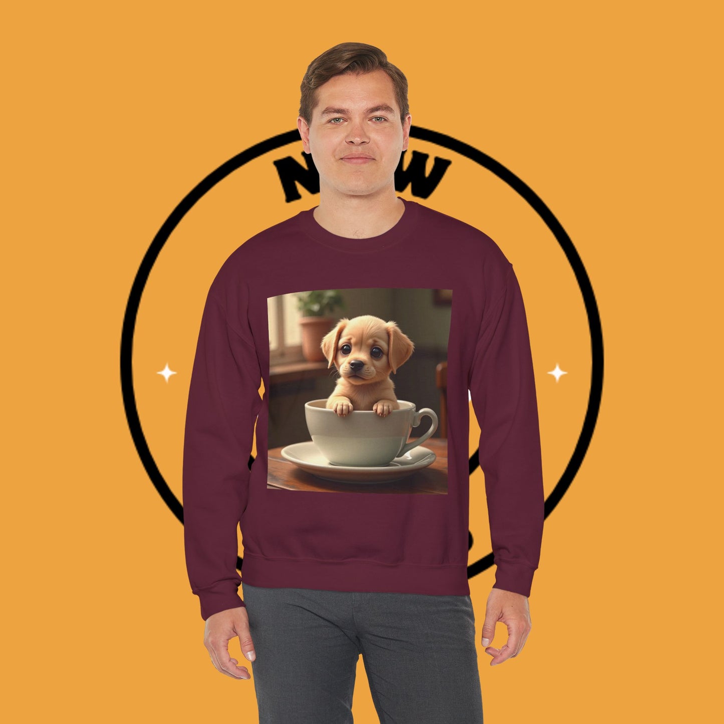Unisex Dog Lover Crewneck Sweatshirt - Teacup Puppy: Adorable Yellow Lab in Coffee Cup