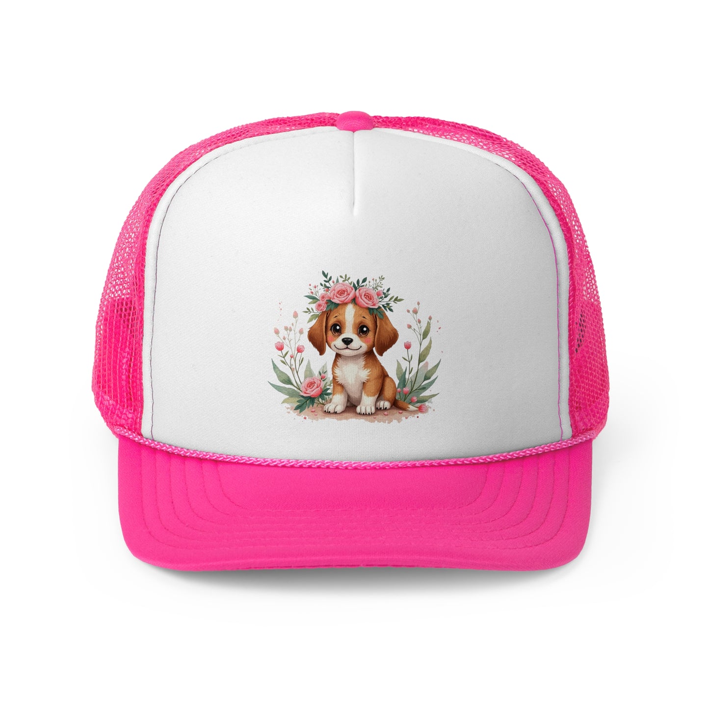 Cute Beagle Puppy with Pink Roses Floral Crown Trucker Hat - Adorable Dog Flower Crown Cap | Sweet Pet Lover Gift | Feminine Snapback