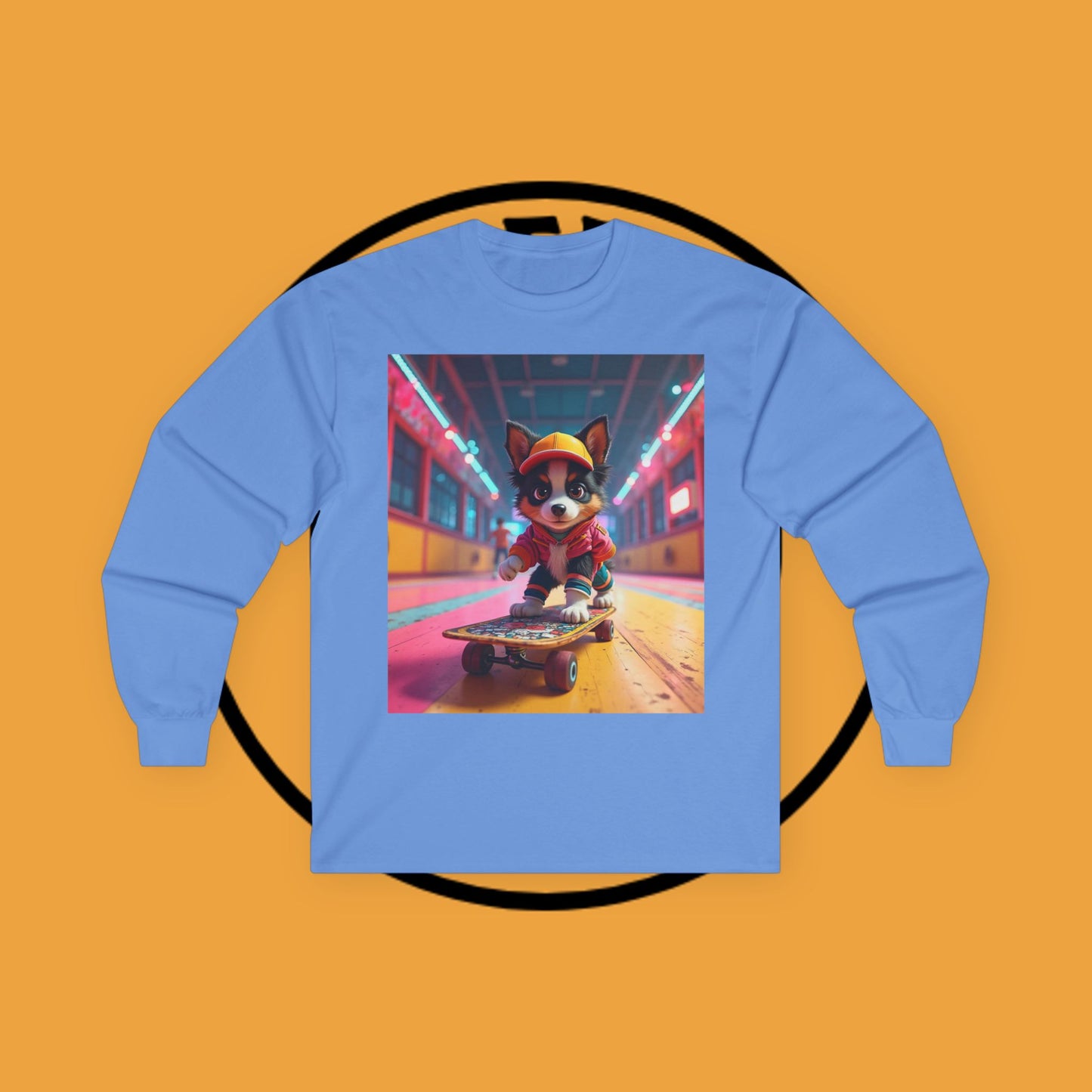 "Cool Skateboarding Puppy Long Sleeve Tee - Urban Street Art Dog Shirt - Cyberpunk Neon Skater Apparel"