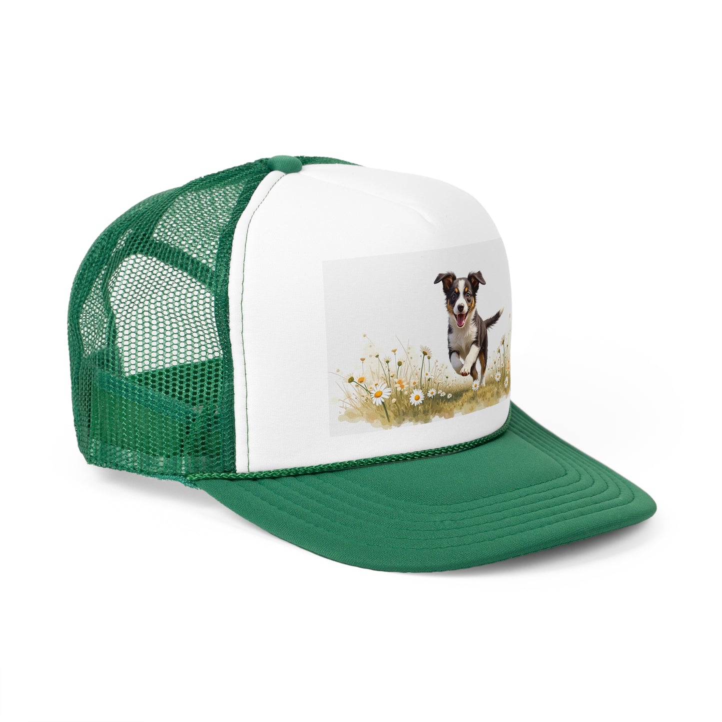 Happy Puppy in Daisies Trucker Hat - Joyful Dog Running Cap - Spring Meadow Baseball Hat